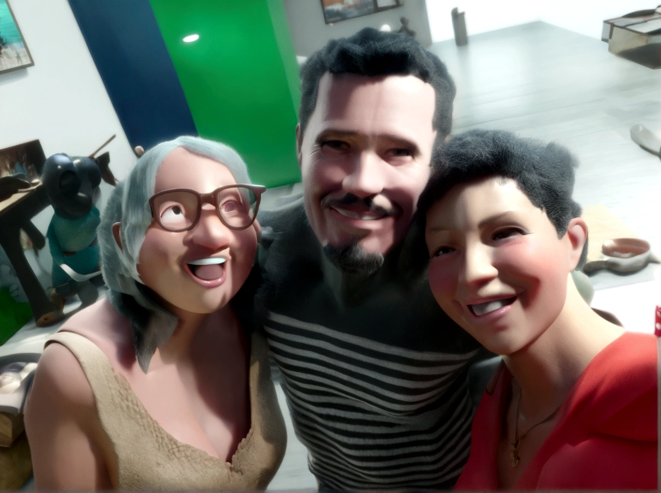 Cartoon character of a boy of 15 with a goatee beard, hugging a woman with glasses and long gray hair and another woman smiling with short black curly hair, happy, an animated character, Stylized character, animation style rendering, stylized 3D, Arnold Maya Render, Stylized 3D Render, toon render screenshot, 3D Character, 3D Character, Stylized 3D Render, 3D Character Render, cartoon character, Close up Character, Character Pose, (Pixar Style) (master part:1.2) (Bokeh) (best quality) (detailed skin) (detailed texture) (8K) (clay) (Cinematic lighting) (sharp focus,Sits and leaks the upper body