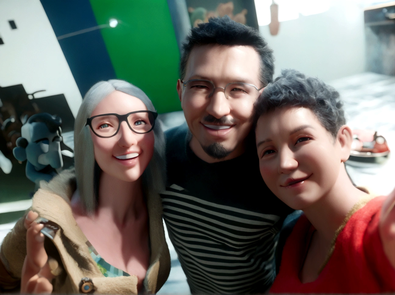 Cartoon character of a boy of 15 with a goatee beard, hugging a woman with glasses and long gray hair and another woman smiling with short black curly hair, happy, an animated character, Stylized character, animation style rendering, stylized 3D, Arnold Maya Render, Stylized 3D Render, toon render screenshot, 3D Character, 3D Character, Stylized 3D Render, 3D Character Render, cartoon character, Close up Character, Character Pose, (Pixar Style) (master part:1.2) (Bokeh) (best quality) (detailed skin) (detailed texture) (8K) (clay) (Cinematic lighting) (sharp focus,Sits and leaks the upper body