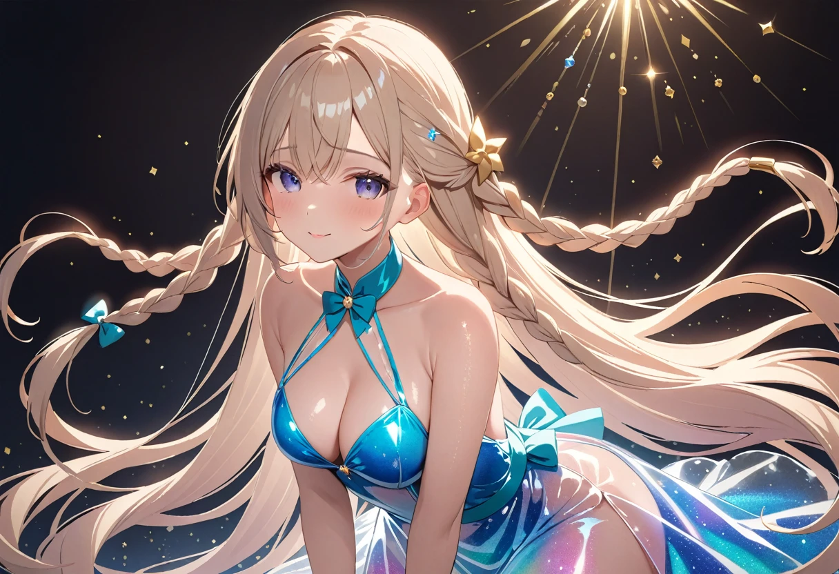 (masterpiece, best quality: 1.2), high resolution, high quality,cute 1girl, shiny luminous hair, very long hair, braids, transparent dress covered in glitter,
