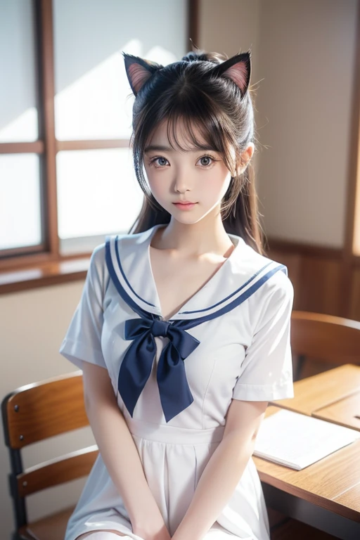 Cute Japan  , 1 girl, Beautiful details, Beautiful lip detail, Highly detailed eyes and face, Long eyelashes,  chest, 平らなchest, Innocent look, Cat ear, Cat earヘッドバンド, Low Ponytail, Orgasmic, Sailor suit, Studying in the classroom