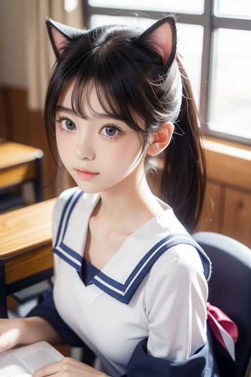 Cute Japan junior high school student , 1 girl, Beautiful details, Beautiful lip detail, Highly detailed eyes and face, Long eyelashes,  chest, 平らなchest, Innocent look, Cat ear, Cat earヘッドバンド, Low Ponytail, Orgasmic, Sailor suit, Studying in the classroom