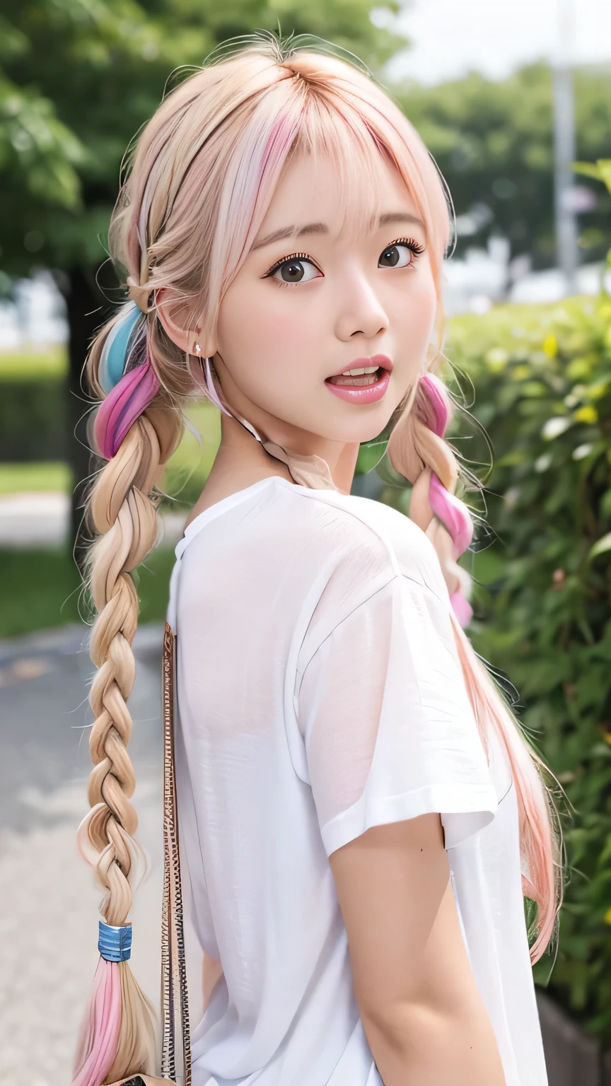 Pale, tanned skin、Sunburn marks on tanned skin、Multicolored Hair、Pink Hair,blonde,Platinum Hair,Brown Hair、A cute 20-year-old girl with a cute look, A strong wind blows my hair in front of my face、beautiful long blonde braided hair、beautiful, Cute eyes hidden by long bangs、Yawn、Double teeth、No visible nasolabial folds、