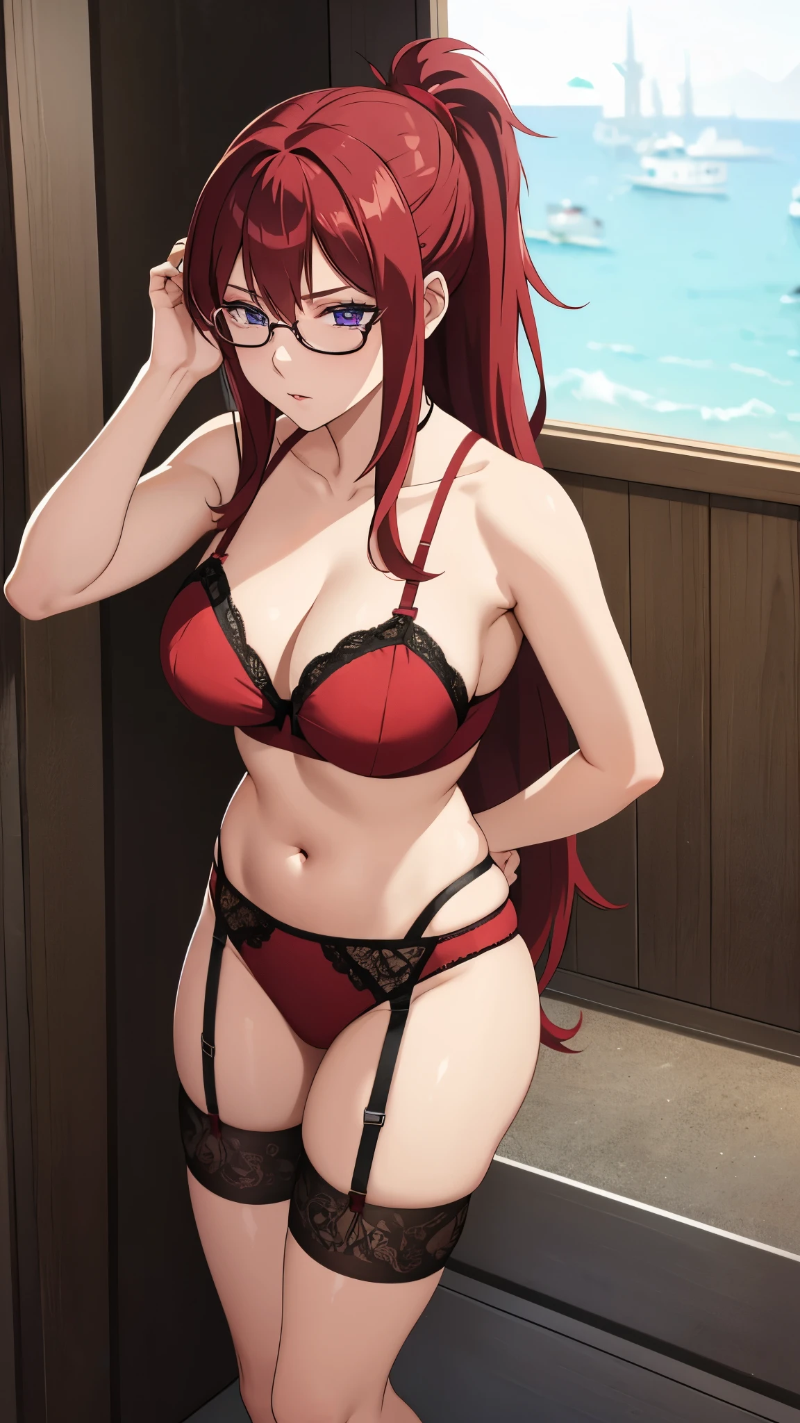 ponytail, long hair, red hair, purple eyes, glasses、(Red Satin Bra、Red satin panties、garter belt)