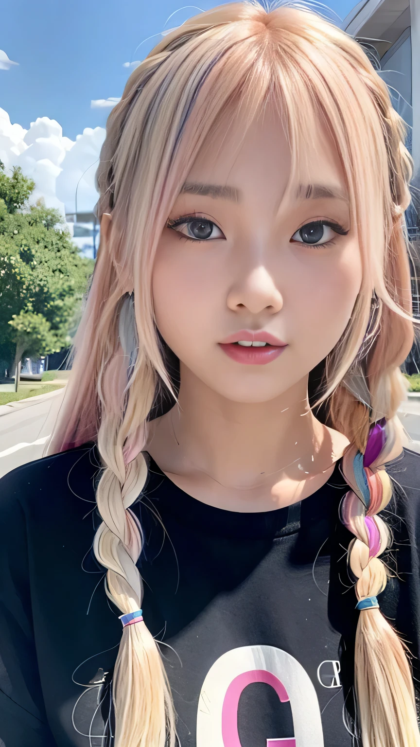 Pale, tanned skin、Sunburn marks on tanned skin、Multicolored Hair、Pink Hair,blonde,Platinum Hair,Brown Hair、A cute 20-year-old girl with a cute look, A strong wind blows my hair in front of my face、beautiful long blonde braided hair、beautiful, Cute eyes hidden by long bangs、Yawn、Double teeth、No visible nasolabial folds、