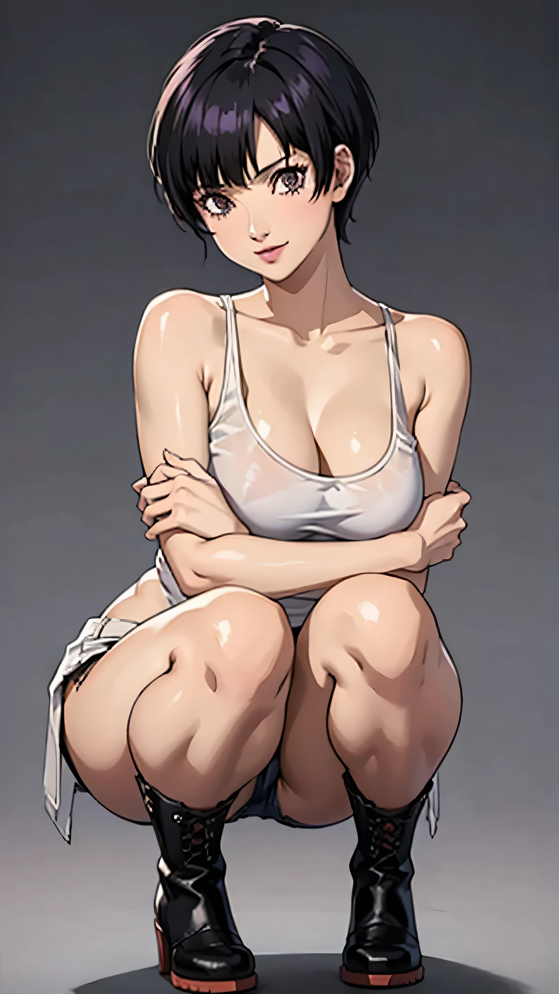 1girl, milf, smile, purple eyes, spiked hair, spiked hair, tomboy Pixie haircut, very Short hair, black hair, white tank top, belly, gigantic breast, extreme micro shorts Open fly, lipstick, pose squating, arms up, wet, blushing, brown boots