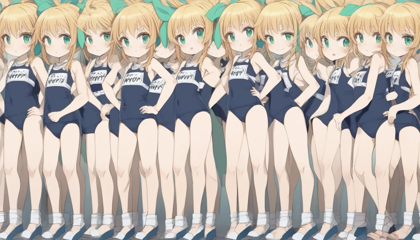 Short stature,flat chest, clone girls, blond hair, green eyes,roll(mega man classic) clones,swimsuit roll(mega man x dive old design) clones,high ponytail hair,Sleeveless navy one piece old type school swimsuit with white stripes from armpit to flank,white name tag, navy heeled sandals, green ribbon,human appearance,same height,same appearance, same face,fill the entire image, absolutely everyone, many clone, masterpiece, best quality,insanely detailed, 20000+ clone girls, perfect features,multiple clone girls,same school swimsuit,same hair,official art