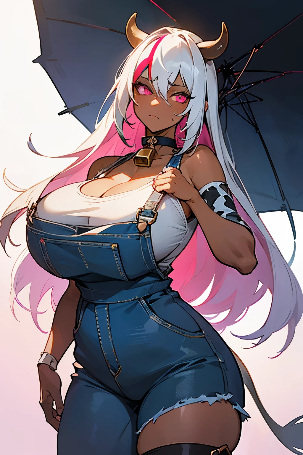 8k_wallpaper, extremely detailed eyes, extremely detailed body, (large masterpiece digital art), (detailed manga illustration), (detailed line art), ((perfect anatomy)), (intricate details:1.3), (ultra-detailed:1.3), (illustration:1.3), (sharp focus:1.3), (natural lighting:1.05), (vivid colors:1.3), (masterpiece), (best quality:1.4), (perfect anatomy:1.4), high quality, expressive eyes, full body, tall girl, detailed face, beautiful face, perfect face, detailed ((white hair)), (black hair), (pink eyes), {{dark skin}}, ({dark skinned female}), cow girl, gigantic breasts, thick thighs, very long hair, bare shoulders, denim, (blue overalls), overalls, dynamic lighting, cow print, high resolution, 4k resolution, dynamic pose, silver jewelry, {fantasy farm background}, choker, (cow ears), {{cow tail}}, (tail), ((streaked hair)), wide hips, thighhighs, horns, {cow horns}, animal ears, skin dentation, curvy, plump,