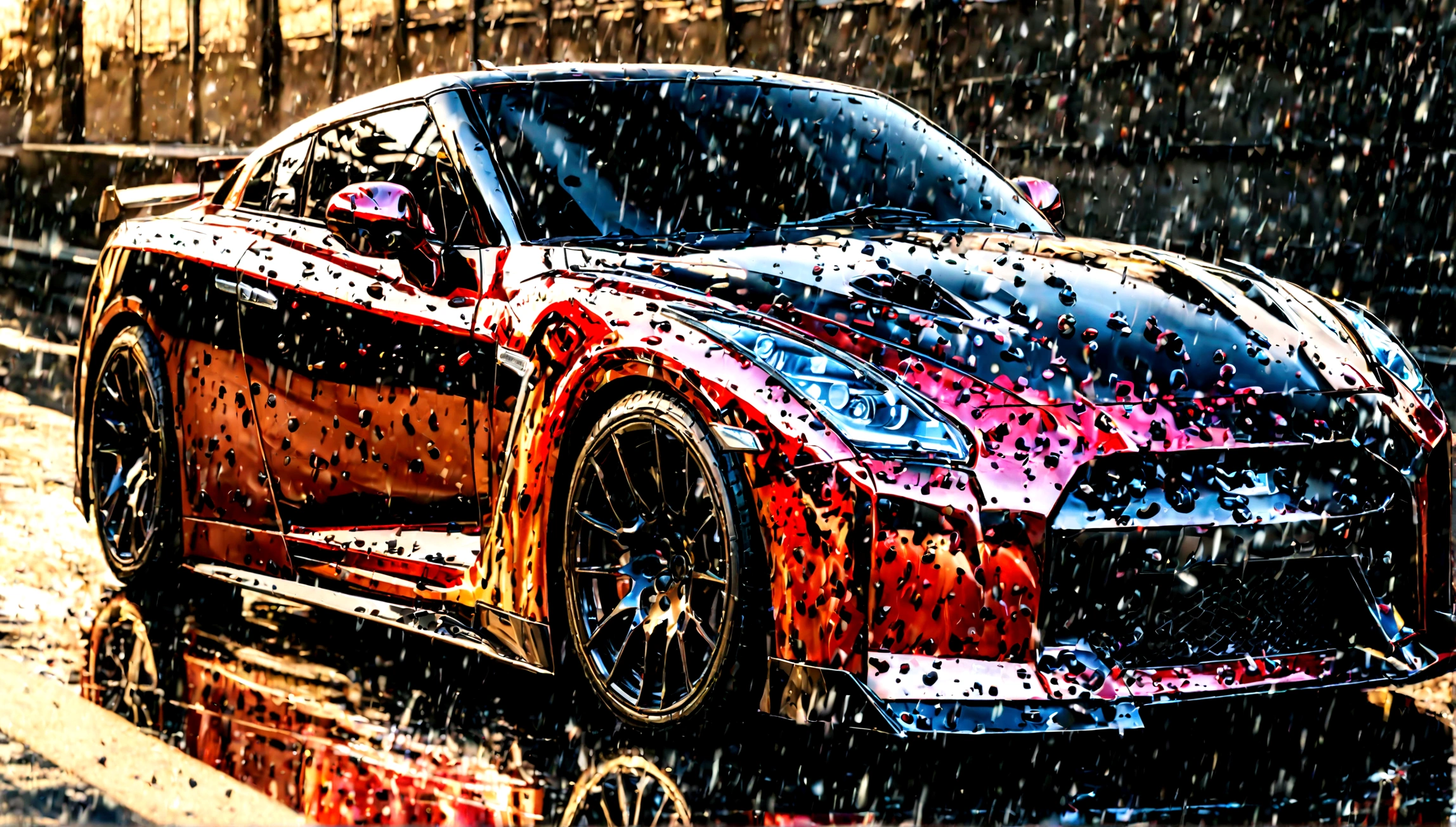 a highly detailed, realistic nissan gtr car, ultra-detailed, 8k, photorealistic, professional, intricate details, glossy paint, metallic reflections, dynamic motion blur, cinematic lighting, dramatic shadows, vibrant colors, glossy and shiny finish