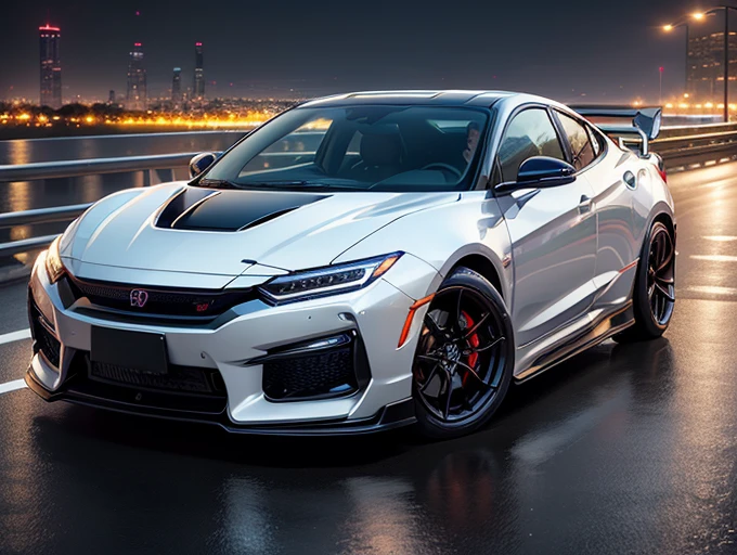 超A high resolution、An ultra-high picture quality、8K、Detailed details、marvelous expression、Big city at night、 HondaNSX(Metallic White)Driving on the highway、Turn on the headlights、Ride beautifully through the highway at night、