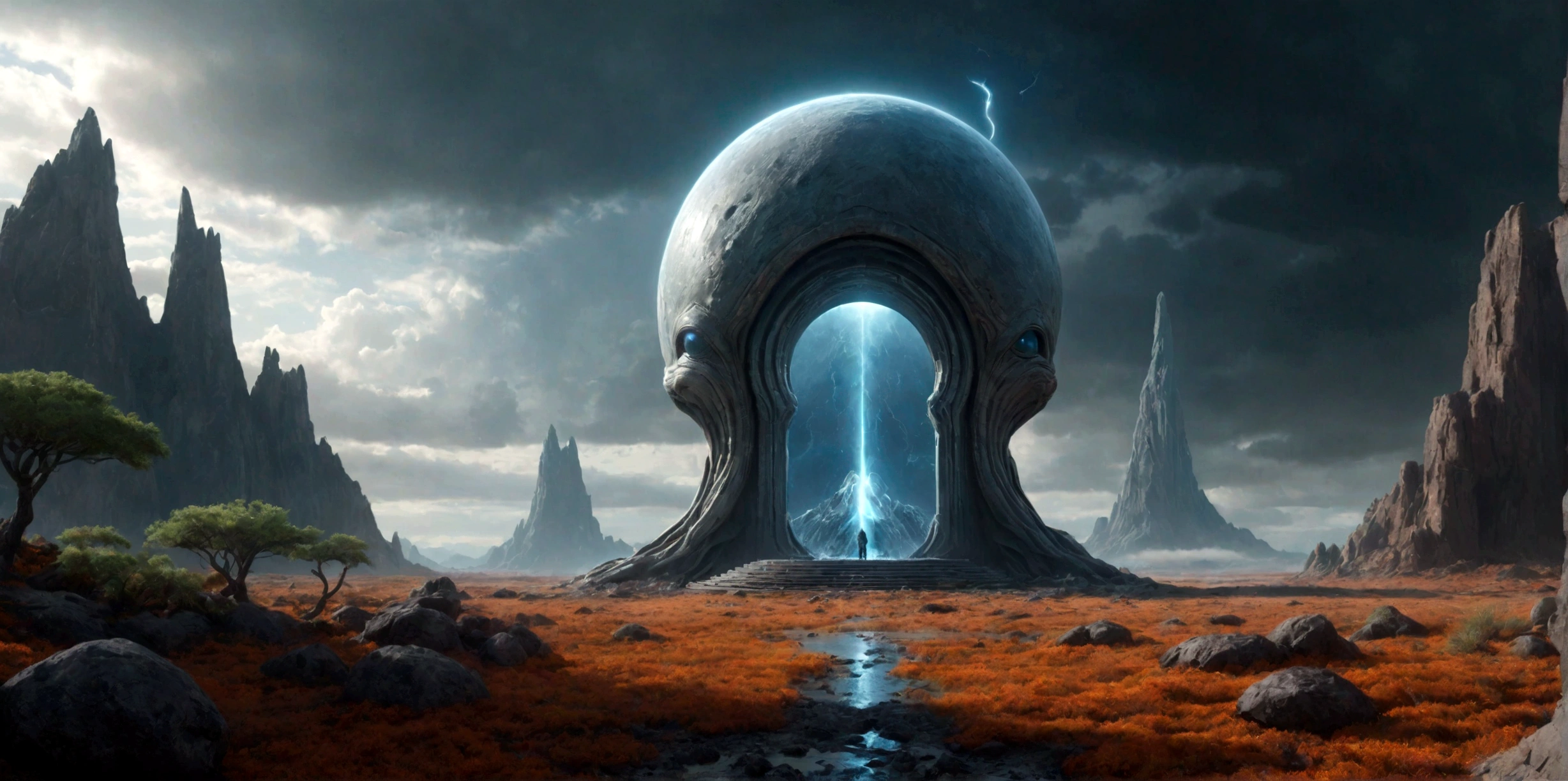 (EN UN VALLE PROFUNDO RODEADO DE ACANTILADOS) ((AT THE FOOT OF A STILL ACTIVE MINIMALIST TWO-DIMENSIONAL PORTAL OF AN ALIEN TEMPLE), SUPER HIGH DEFINITION IMAGE WITH HYPER REALISM , very cold, PLANETA SECO Y CONGELADO, hyper realistic in 4K, cinematic lighting. little vegetation on alien planet other than Earth, cloudy stormy and cold weather, el sol se oculta