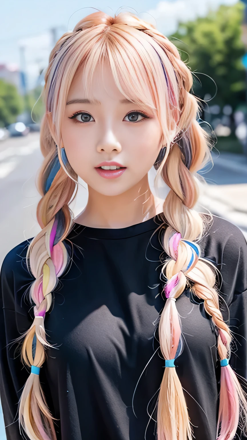 Pale, tanned skin、Sunburn marks on tanned skin、Multicolored Hair、Pink Hair,blonde,Platinum Hair,Brown Hair、A cute 20-year-old girl with a cute look, A strong wind blows my hair in front of my face、beautiful long blonde braided hair、beautiful, Cute eyes hidden by long bangs、Yawn、Double teeth、No visible nasolabial folds、
