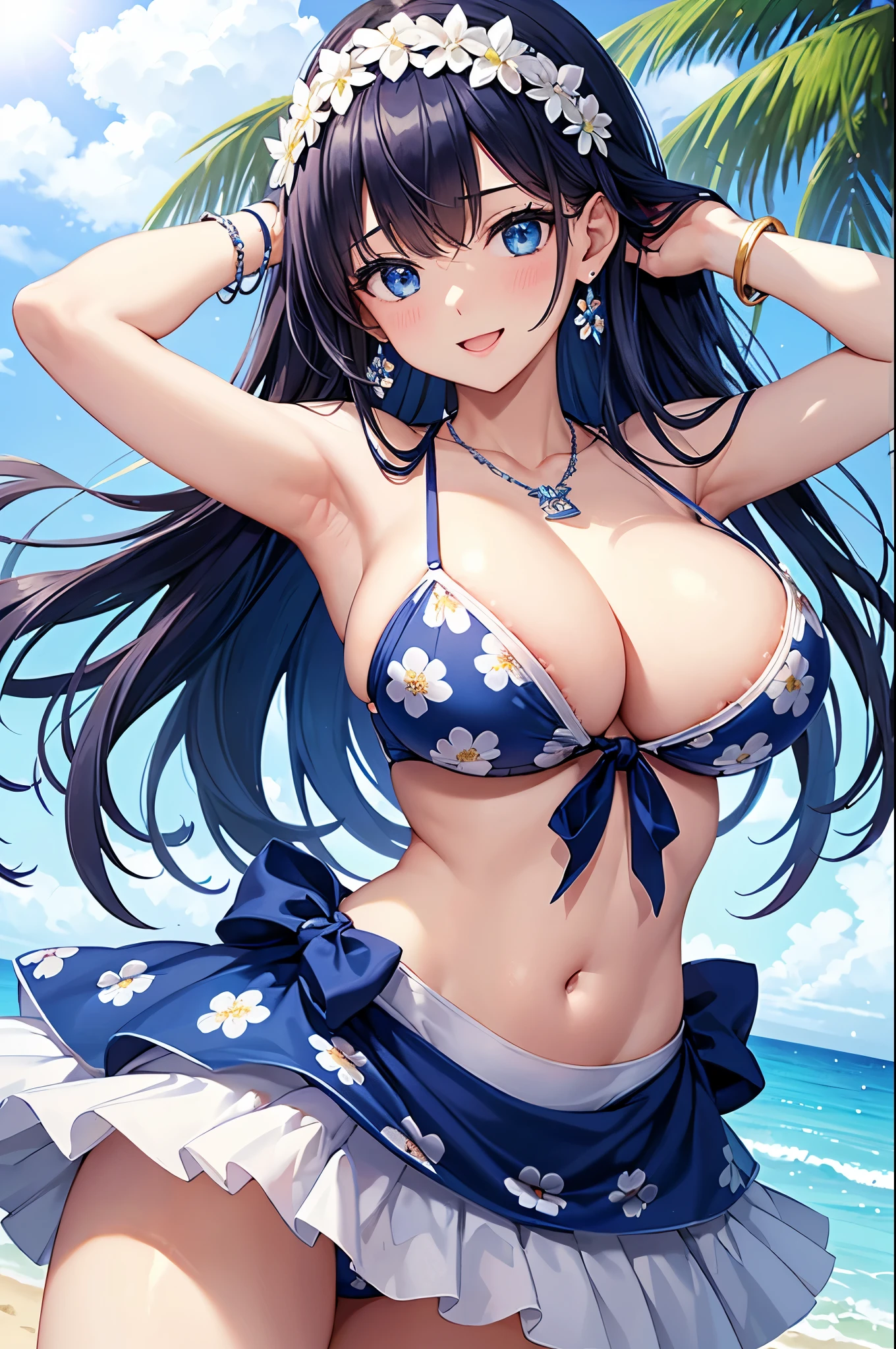 highest quality、highest quality、masterpiece、Beauty、Navy blue long hair、blue eyes、Sexy white bikini(Floral pattern printed)、Big cleavage、(Big Breasts),smile、blue necklace、Blue Earrings、background(Beach)、Please open your mouth wide、White headband、bracelet、Raise your arms and place your hands behind your head,Raise your elbows above your head