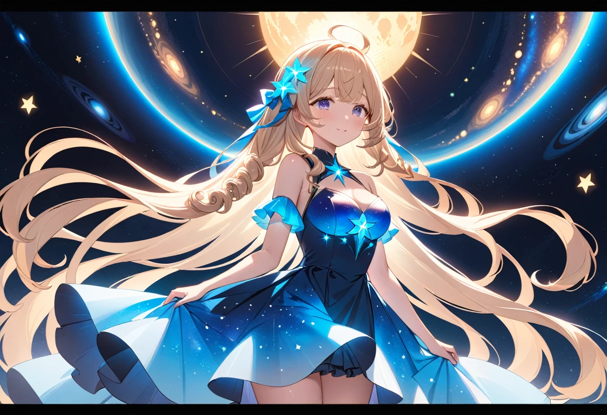 (masterpiece, best quality), high resolution, high quality,cute 1girl, shiny luminous hair, curly long, very long  hair, dress made of galaxies covered in stars, sun, stars, 