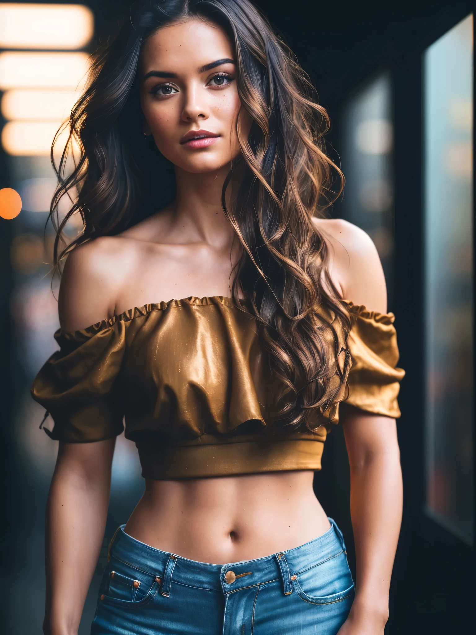 Full face portrait photo of 25 year old European girl, RAW, beautiful woman, semi-open strawberry lip, dimples, wistful expression, (brown hair with extra long wavy), ((detailed face)), ((detailed facial features)), (fine detailed skin), pale skin, cyberpunk megacity environment, (cool color), moist, damp, reflection, (masterpieceShot with Canon EOS R5 (detail) (Realistic photos) (Detailed details) 50mm lens, f/2.8, HDR, (8k) (wallpaper) (cinematic lighting) (dramatic lighting) (sharp focus) (complex), RAW photography, RAW photography, gigachad photography, camera pose, black jeans, back arm, 8k uhd, dslr, high quality, Grain Film, Fujifilm XT3, Film Stock Photo 4 Kodak Portra 400 Camera F1.6 Lens Rich colors Ultra-realistic textures Dramatic lighting Unreal Engine Art Station Trends Cinestill 800 Tungsten, Toughboy Style, Ultra Focus Face, Intimidating, Fighting Position, Short Messy Hair, Muscles, Bursting Veins, Beads, (( off-shoulder crop top)),