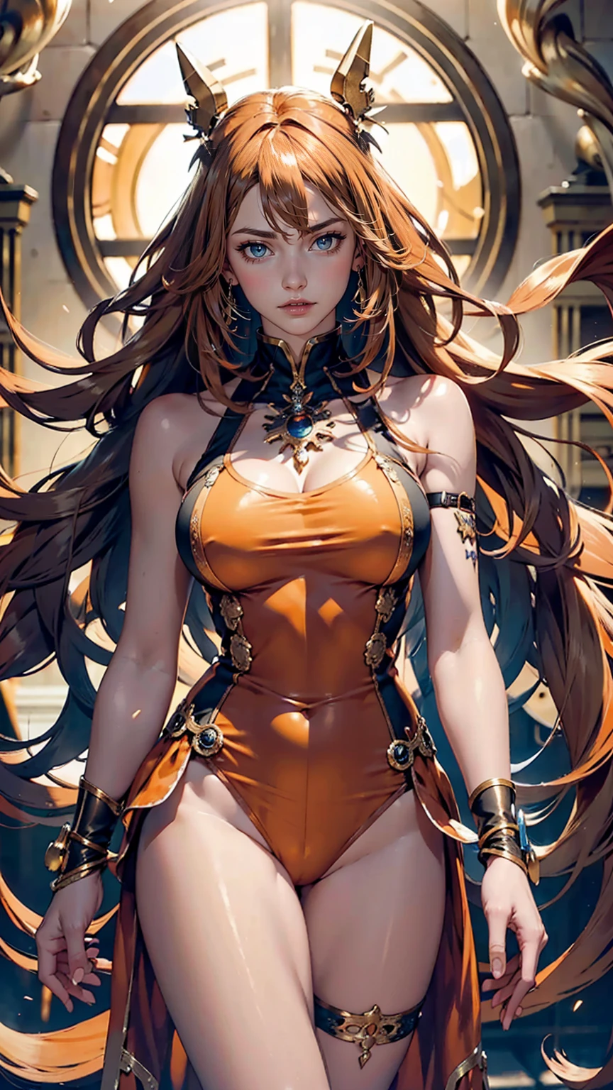 (masterpiece), highest quality, Super detailed, figure, Warm lighting, Bright colors, One girl, alone, Very long hair, Grey Hair, Orange Hair, Orange inner hair, Red eyes, Inner hair color, Two-tone hair, Ahoge, Ridiculously long hair, orange Inner hair color, Multicolored Hair, Hello, , , Bodysuits, Flowing hair, Wind, Close one eye, staff, dress, armor, headgear, floating,, ,  