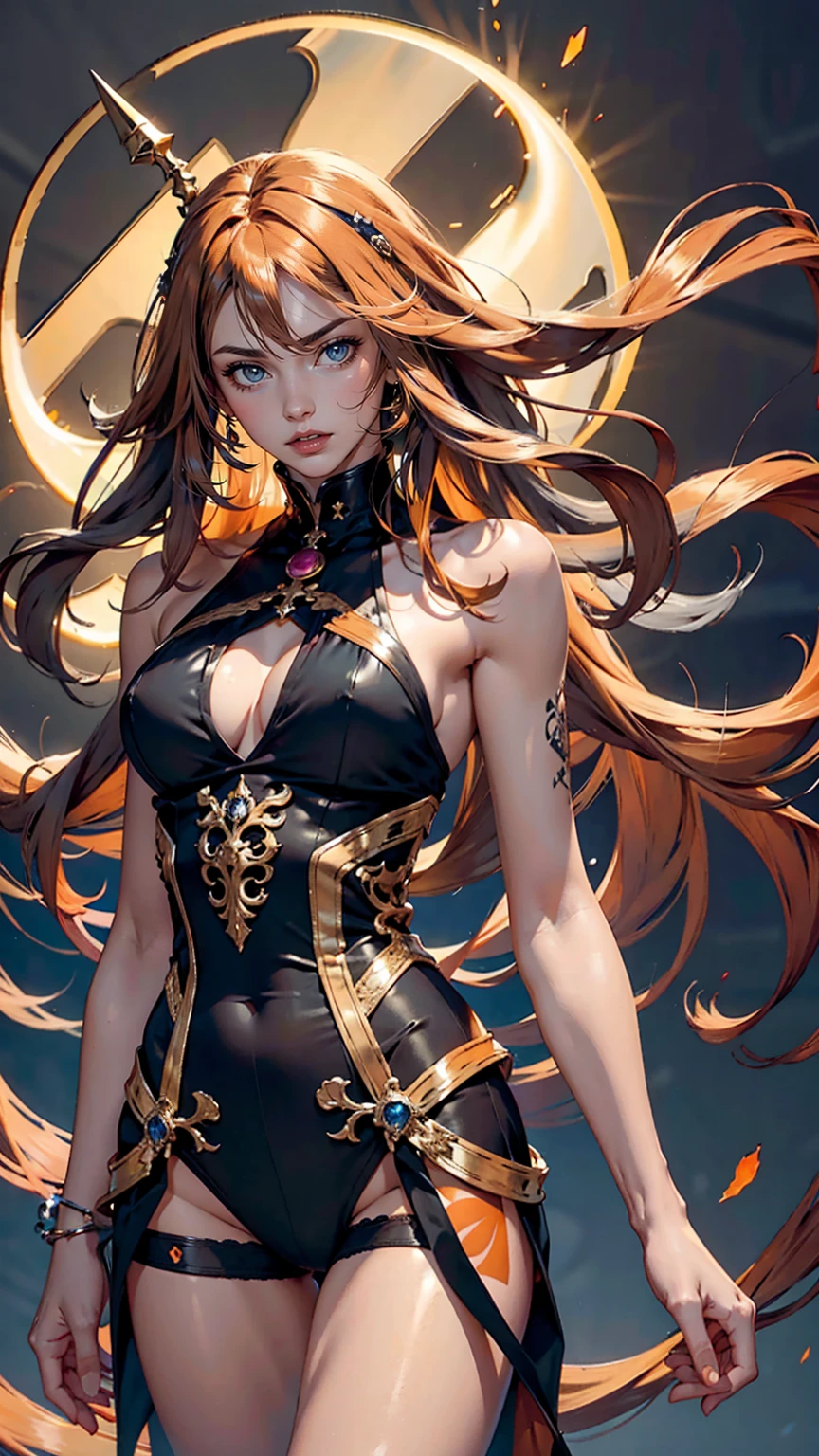 (masterpiece), highest quality, Super detailed, figure, Warm lighting, Bright colors, One girl, alone, Very long hair, Grey Hair, Orange Hair, Orange inner hair, Red eyes, Inner hair color, Two-tone hair, Ahoge, Ridiculously long hair, orange Inner hair color, Multicolored Hair, Hello, , , Bodysuits, Flowing hair, Wind, Close one eye, staff, dress, armor, headgear, floating,, ,