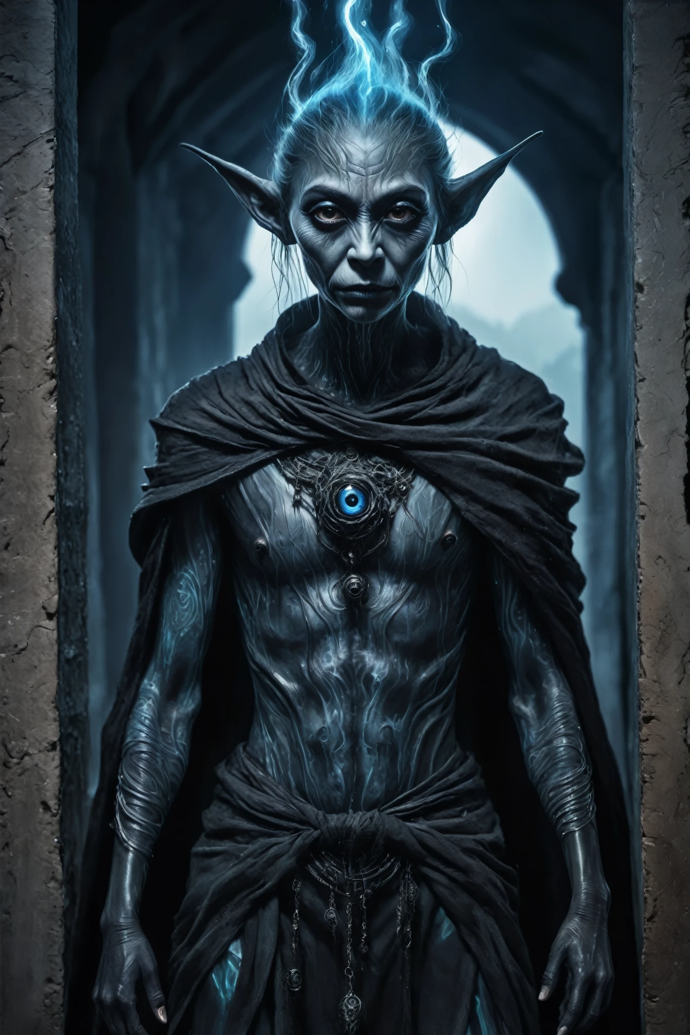 fullb body length shot,beggar niobium graphite AI mummy of Alien Entity,native africa sparas, wants eat,Korea,Cinematic,soft colors, Technicolor,natural skin textures, hyper realism, hyper detailed,Extremely detailed,High contrast,Masterpiece,Realistic,Ultra Detailed, intricate details,realistic humid leather,extremly intricate,Epic Realistic, cinematic style, irina yermolova,high contrast,hdr,extremely detailed, [deep night landscape],masterpiece, intricate details, eyes extremely detailed, high detailed eyes,8k resolution,retina, Nikon Z9,Korea,orc,Li River in Guangxi Zhuang of Italia, Pisces, pointed ears，perfect, Elf，transition between two art styles, Double contact, X-ray, Creative, vivid light, fantasy, Abstract, Surrealism, super detailed, high resolution, trap against fairies between houses in air,insanity wear,Her skin is pale, almost translucent. His eyes shine with a bluish glow, he wears dark,, symbols of mourning and gothic elements, further emphasizing its dark air. is portrayed as a haunted and tormented entity
