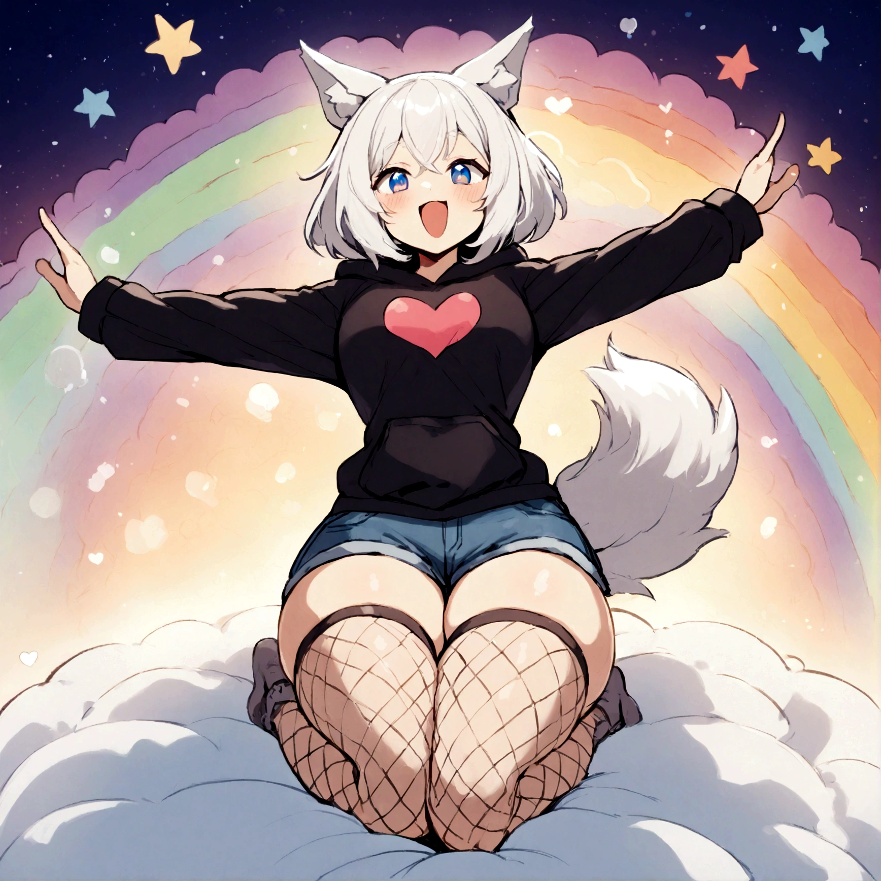 a cute adult male with wolf ears, white hair, has a wolf tail, wearing a loose cropped oversized black hoodie, wearing a pair of denim short shorts and thigh high fishnet stockings, thick thighs, wide hips, relaxing on mound of fluffy multi colored kawaii plushies, short, very slim, showing slender tummy, stretching out, heart on hoodie, squishy thighs, has glowing blue eyes. alone, solo (ALONE)(SOLO), surrounded by rainbows, colorful galaxy backround, mouth wide open grin, very happy, excited, nice butt
