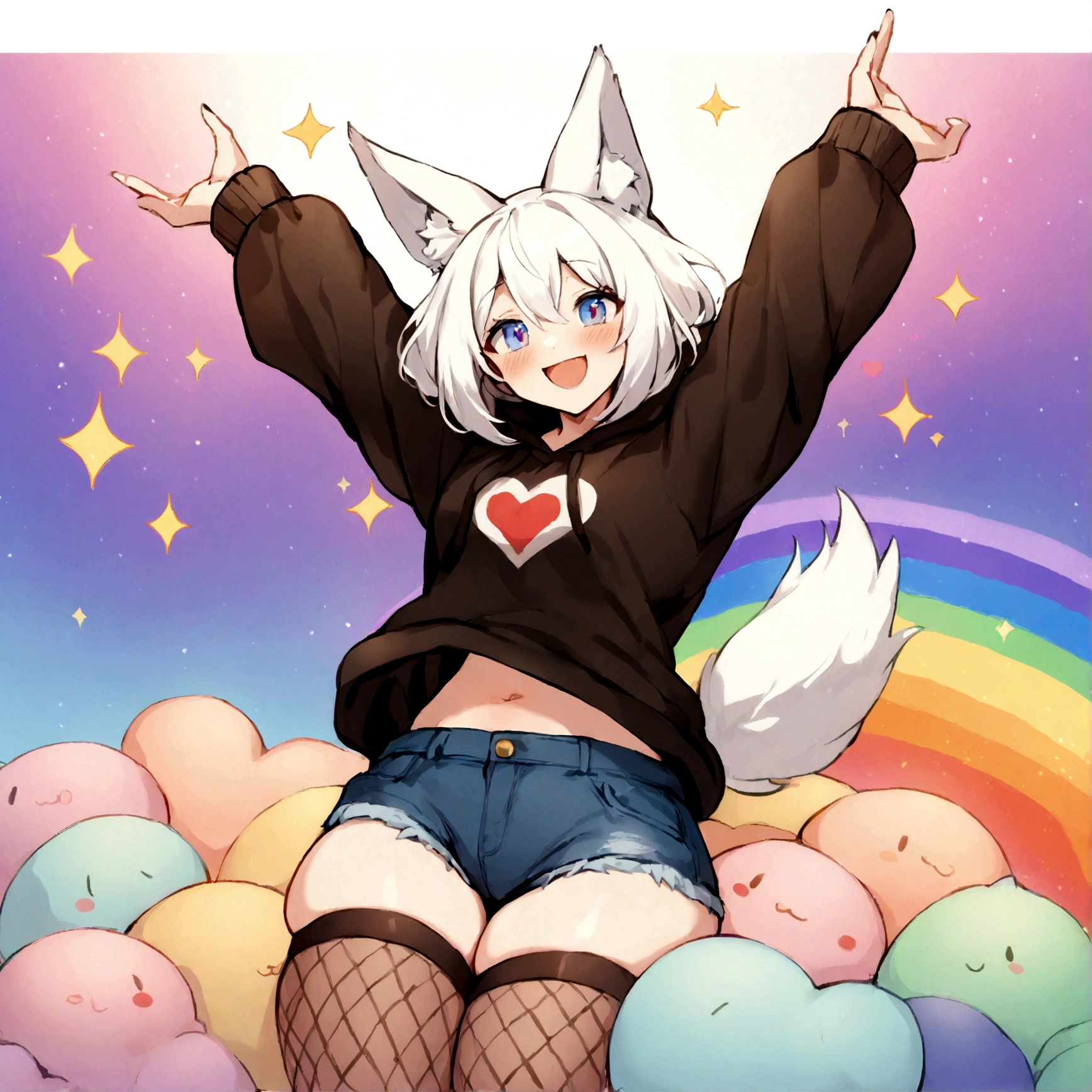 a cute adult male with wolf ears, white hair, has a wolf tail, wearing a loose cropped oversized black hoodie, wearing a pair of denim short shorts and thigh high fishnet stockings, thick thighs, wide hips, relaxing on mound of fluffy multi colored kawaii plushies, short, very slim, showing slender tummy, stretching out, heart on hoodie, squishy thighs, has glowing blue eyes. alone, solo (ALONE)(SOLO), surrounded by rainbows, colorful galaxy backround, mouth wide open grin, very happy, excited, nice butt