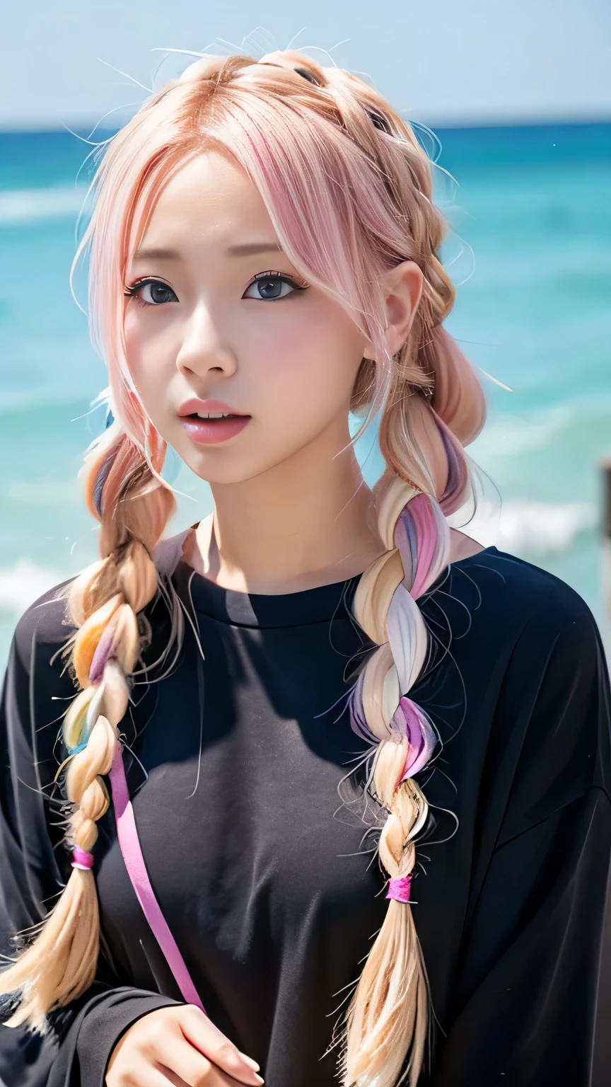 Pale, tanned skin、Sunburn marks on tanned skin、Multicolored Hair、Pink Hair,blonde,Platinum Hair,Brown Hair、A cute 20-year-old girl with a cute look, A strong wind blows my hair in front of my face、beautiful long blonde braided hair、beautiful, Cute eyes hidden by long bangs、Yawn、Double teeth、No visible nasolabial folds、