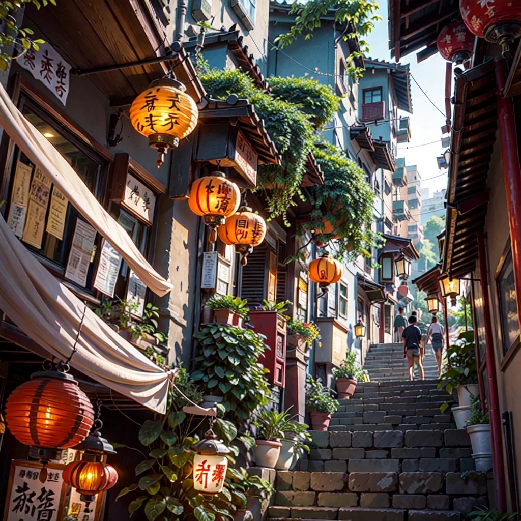 there are many lanterns hanging from the ceiling of a building, like jiufen, red lanterns, street of hong kong, in a narrow chinese alley, china town, street lanterns are shining, street lanterns, dreamy chinese town, streets of hong kong, in hong kong, lush plants and lanterns, japanese street, chinese style, chinese lanterns, city like hong kong