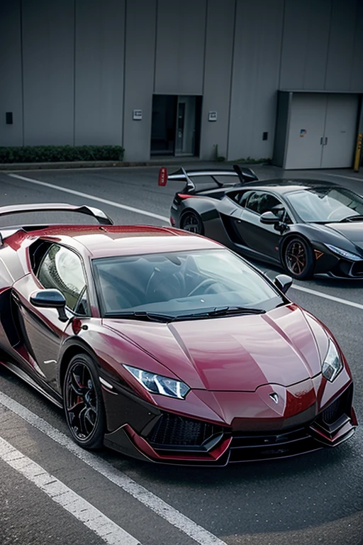 Cria a frente da loja vermelho e preto com dois carros uma poste uma Lamborghini na frente com a logo JDR.CAR two employees next to each car wearing red and black clothing with the brand name on the back