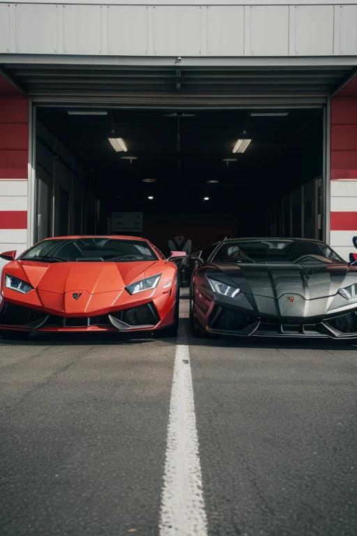 Cria a frente da loja vermelho e preto com dois carros uma poste uma Lamborghini na frente com a logo JDR.CAR two employees next to each car wearing red and black clothing with the brand name on the back