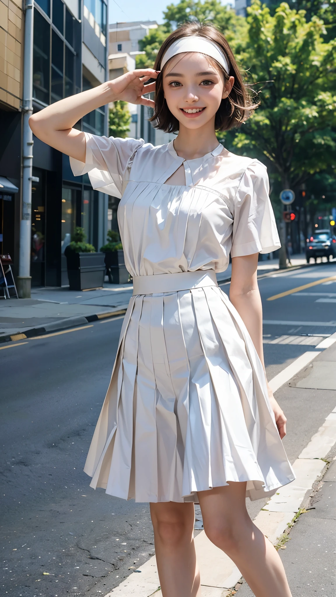 highest quality, masterpiece, Ultra-high resolution,16k,(((Face Focus))) (Realistic:1.6),((Portrait of a smiling person with their mouth wide open)) ,((Beautiful feet,)), ((White blouse with long pleated skirt)),((Slender body)),RAW Photos, 1 girl, 22 years old,((Photo shoot on the street)),((Short hair with a headband)),,((From below:1.4)),((Smiling with teeth showing)),