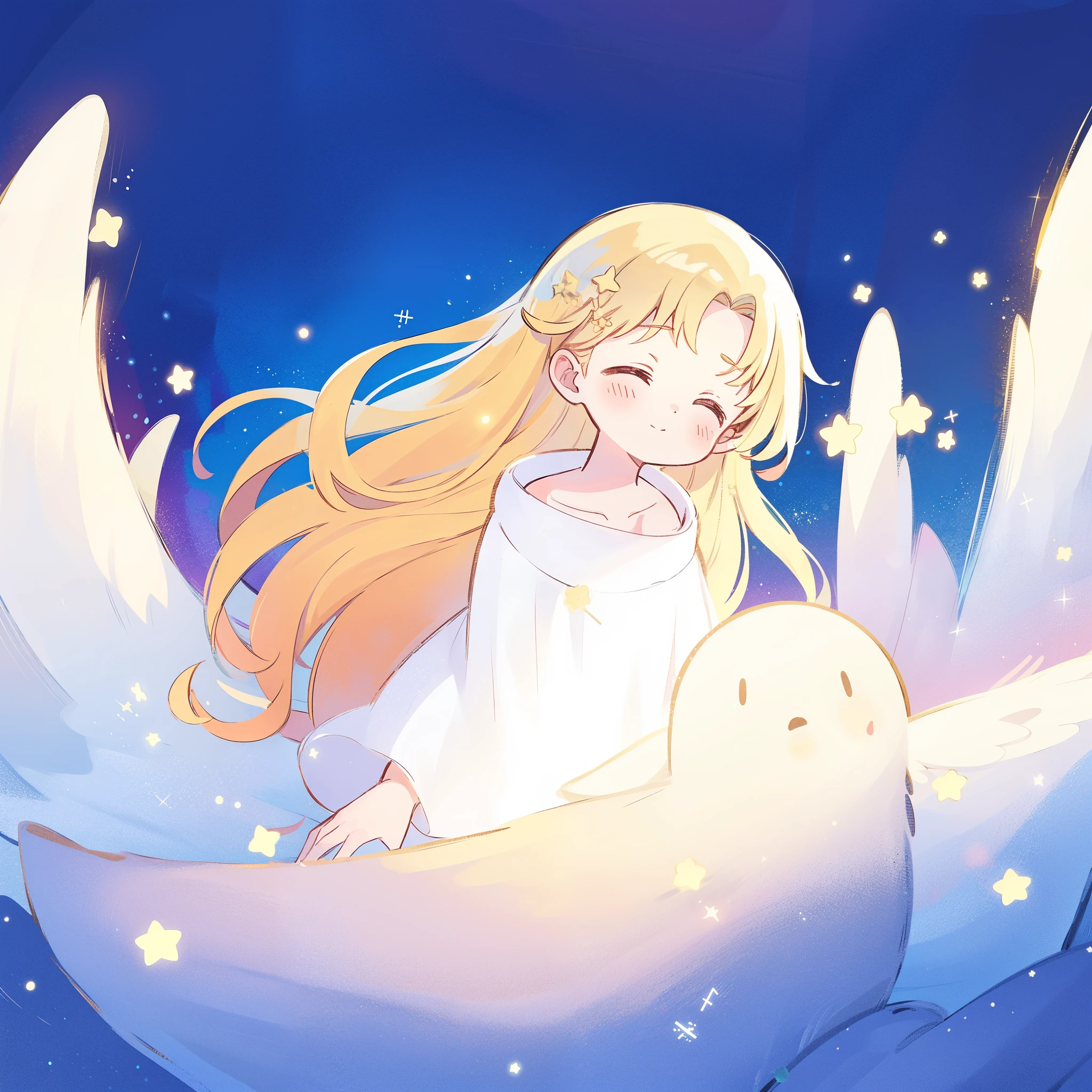 cute style, wishing star background, angel girl wearing an ethereal translucent dress that reflects the stars, magical, whimsical, fantasia, dreamy, serene composition, masterpiece, best quality, perfection, complex drawing, highly detailed, ethereal, starry night, midjourney style