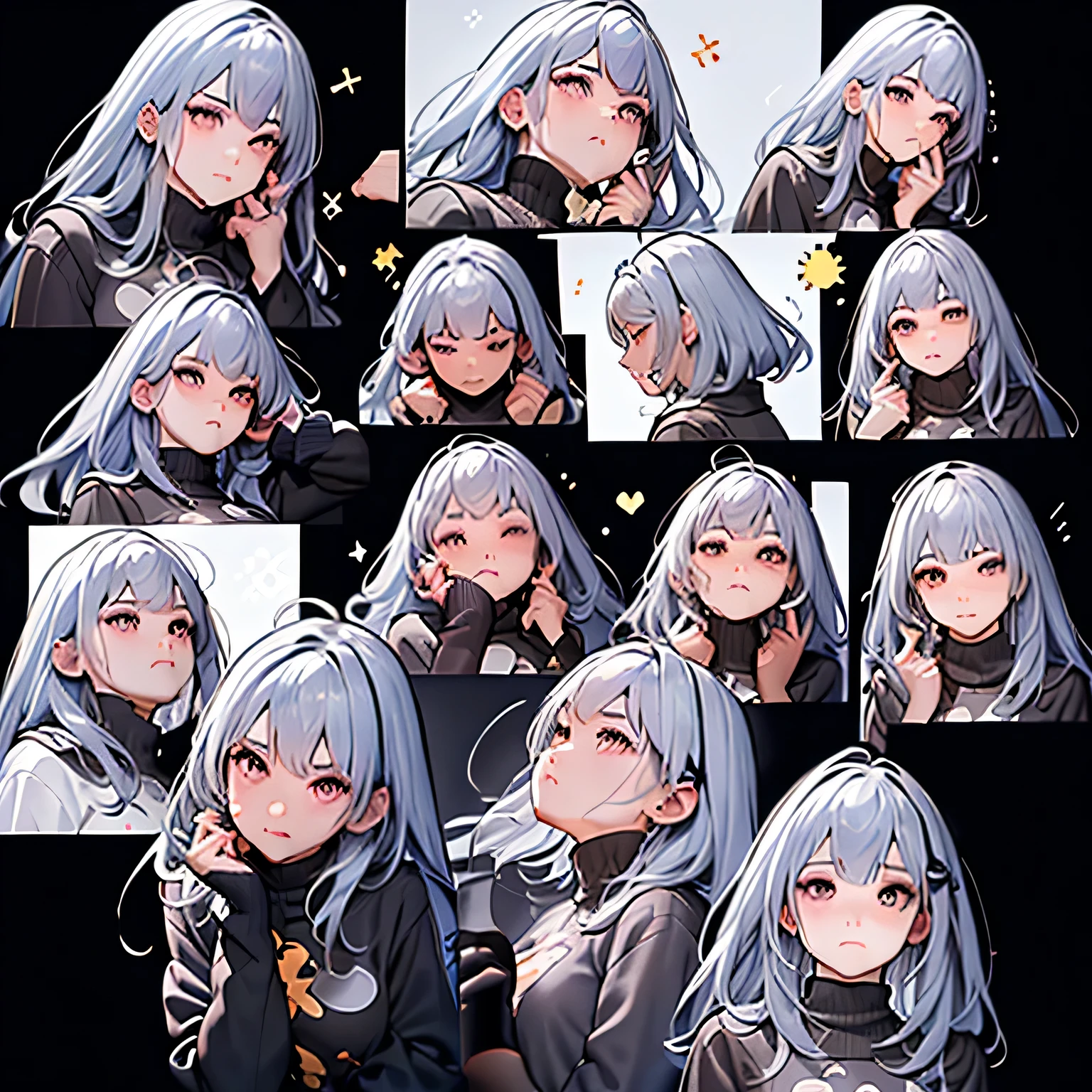 1 Office Girl, Yellow Hair, 9 Grids, 3*3 Grids, 9 Emoji Packs, 9 Poses and Expressions, (Stickers), 9 Emojis, 1 Cute Girl Avatar, (Align Neatly: 1.2, Separate at Intervals: 1.2, No Overlap: 1.2), Crisp Lines, Clean Background, Disney Style with White Background, Black Strokes, Different Emotions, 8K