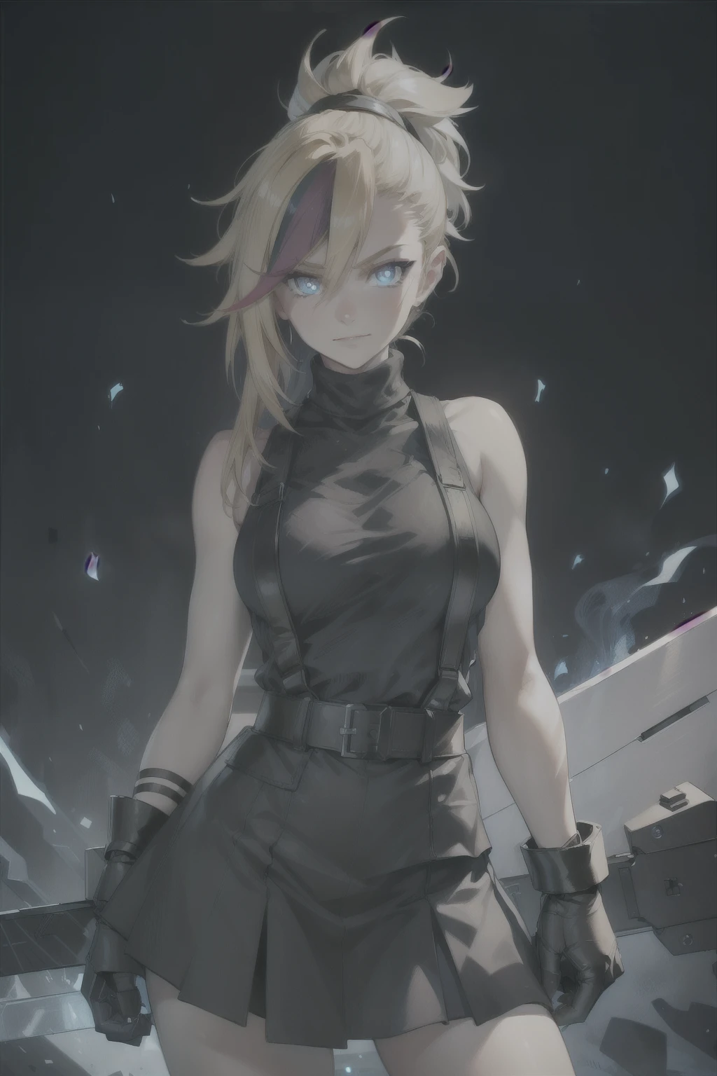 (masterpiece, best quality:1.2), Blue glowing eyes, perfect face, highres, 1 girl, solo, ultra long ponytail, (female:1.5), strife, blonde hair, shoulder armor, sleeveless turtleneck, suspenders, belt, gloves, bracer, evil smile, standing, portrait, looking at viewer, giant sword on the back