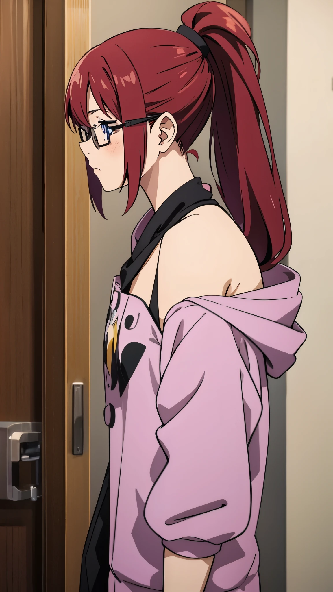 ponytail, long hair, red hair, purple eyes, glasses、blush、Embarrassing、Completely naked、pubic hair