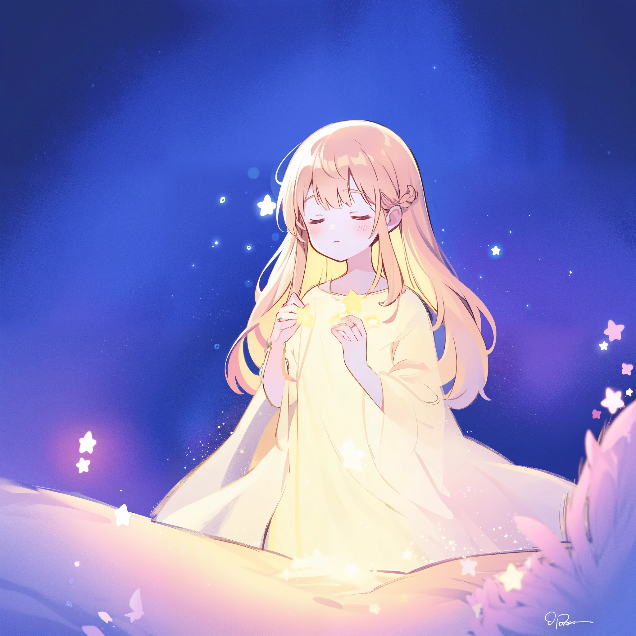 complex background, wishing star background, a woman wearing an ethereal mystical pink translucent dress that reflects the stars, dreamy, peaceful, serene composition, glowing stars, glowing, complex drawing, highly detailed, ethereal, starry night, midjourney style
