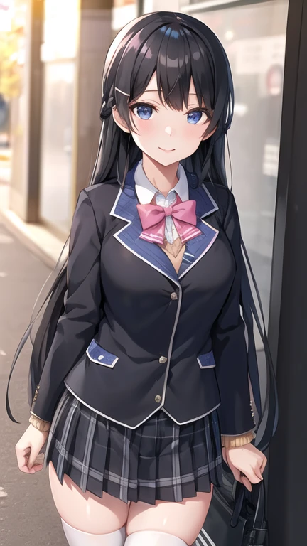 1girl, solo, tsukino mito, long hair, virtual youtuber, skirt, thighhighs, black hair, jacket, bow, blazer, black jacket, hairclip, hair ornament, white thighhighs, bangs, braid, pleated skirt, pink bow, , bowtie, very long hair, long sleeves, shirt, collared shirt, white shirt, blue eyes, pink bowtie, plaid skirt, plaid, black skirt, miniskirt, standing,  outdoors, street,