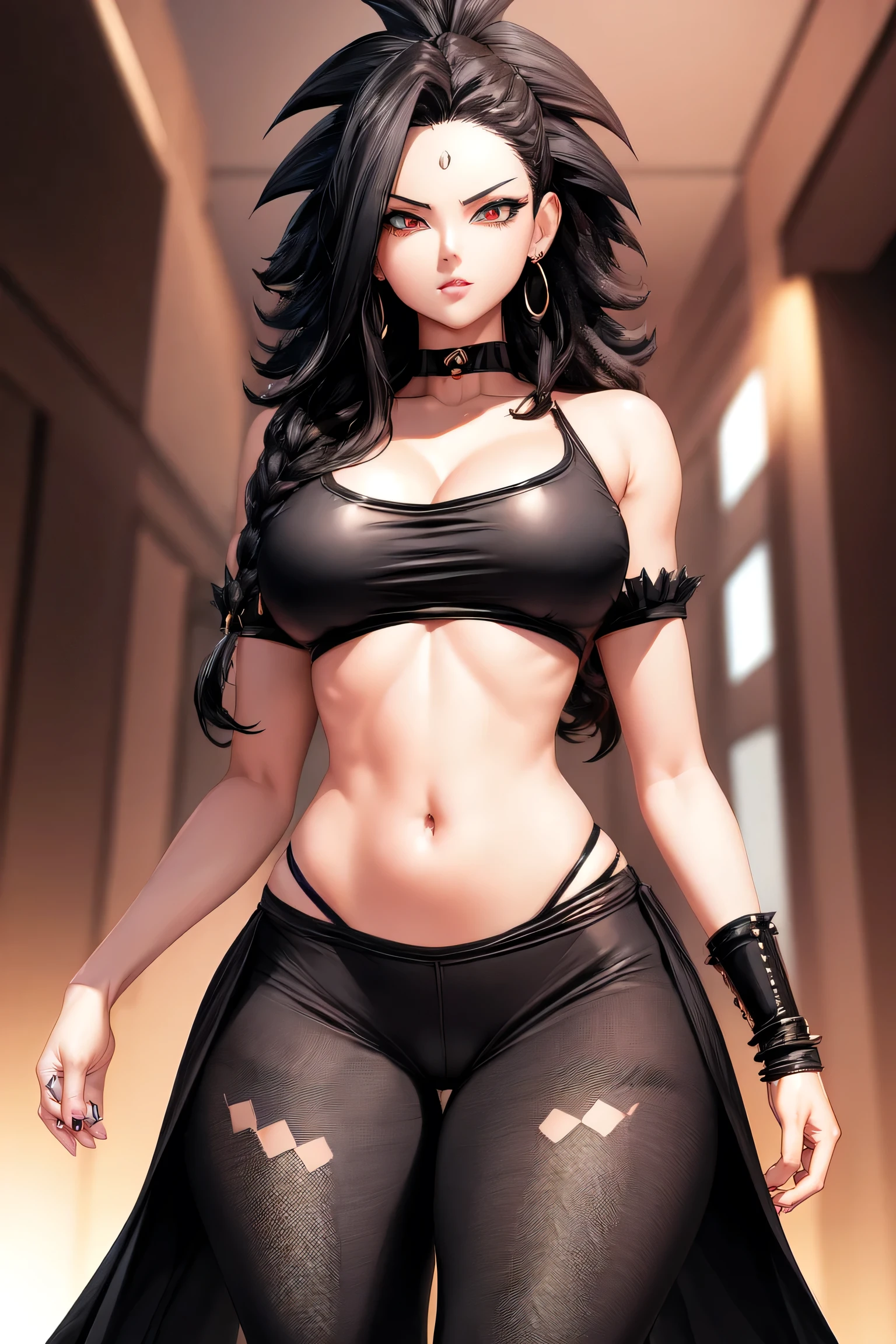 1girl, beautiful detailed black eyes, beautiful detailed lips, extremely detailed face and eyes, big hair, black hair, caulifla, spiky hair, large breasts, cleavage, slender thighs, thin waist, exposed naval, black leggings, black choker, standing, sports bra, outdoors, masterpiece, 8k, ultra-detailed, vivid colors, studio lighting