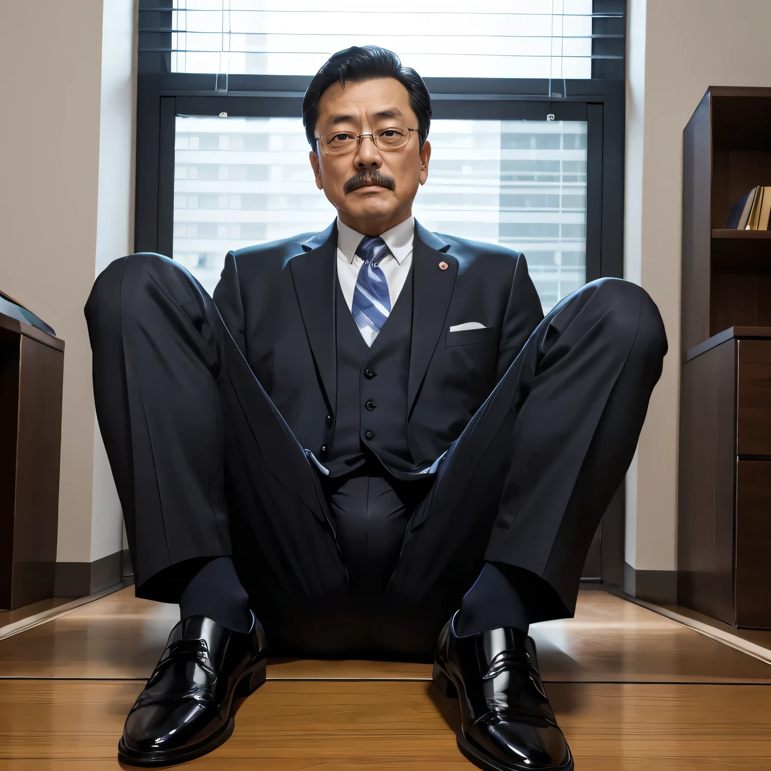 55 years old，Kogoro Mori，uncle，child，Convex，sitting in office，Black socks，anti-slip leather shoes，beard，Tenacity，HD，artwork，A face full of enjoyment，Very shy，Open your legs，wear a suit，Large pectoral muscles with male sex characteristics，The crotch has columnar protrusions，God&#39;s Perspective，Take off your pants，Floor perspective, Ecstasy expression/sex(Milky white, translucent mucus in the abdomen and chest)