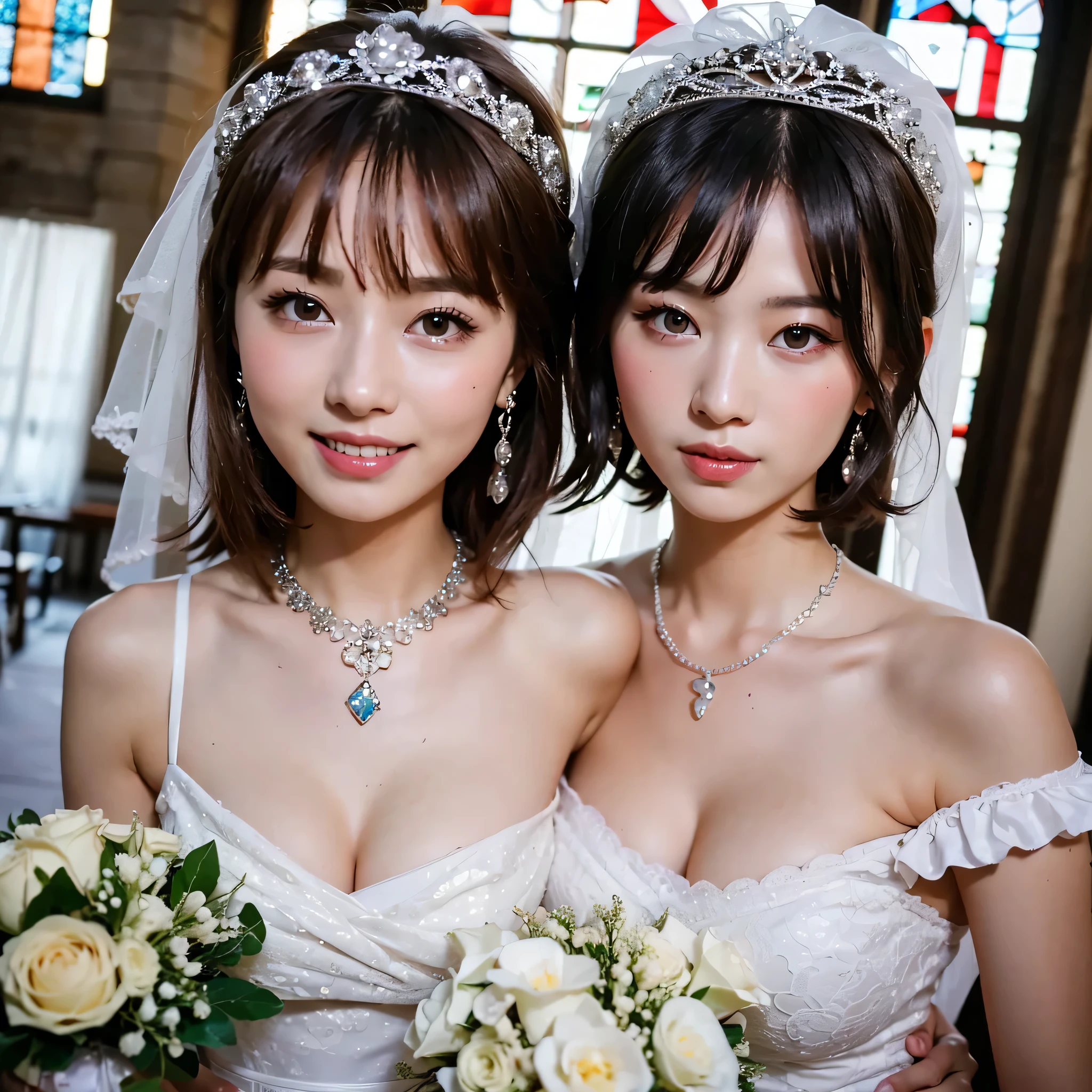 (kawaii face), (flat chest:1.2), happy smile, makeup, (Beautiful frills and lace cute wedding dress, bare shoulders:1.3), (tiaras, necklaces, earrings), Ultra High Definition, Superior Quality, Premier Quality, ultra detailed, Photorealistic, 8k, RAW Photos, highest quality, masterpiece, professional photography, Realistic portrait, Beautiful detailed, Close up portrait of girl, (chapel, stained glass), bouquet, flower decoration, beautiful bride pictures, (Fine face:1.2),
