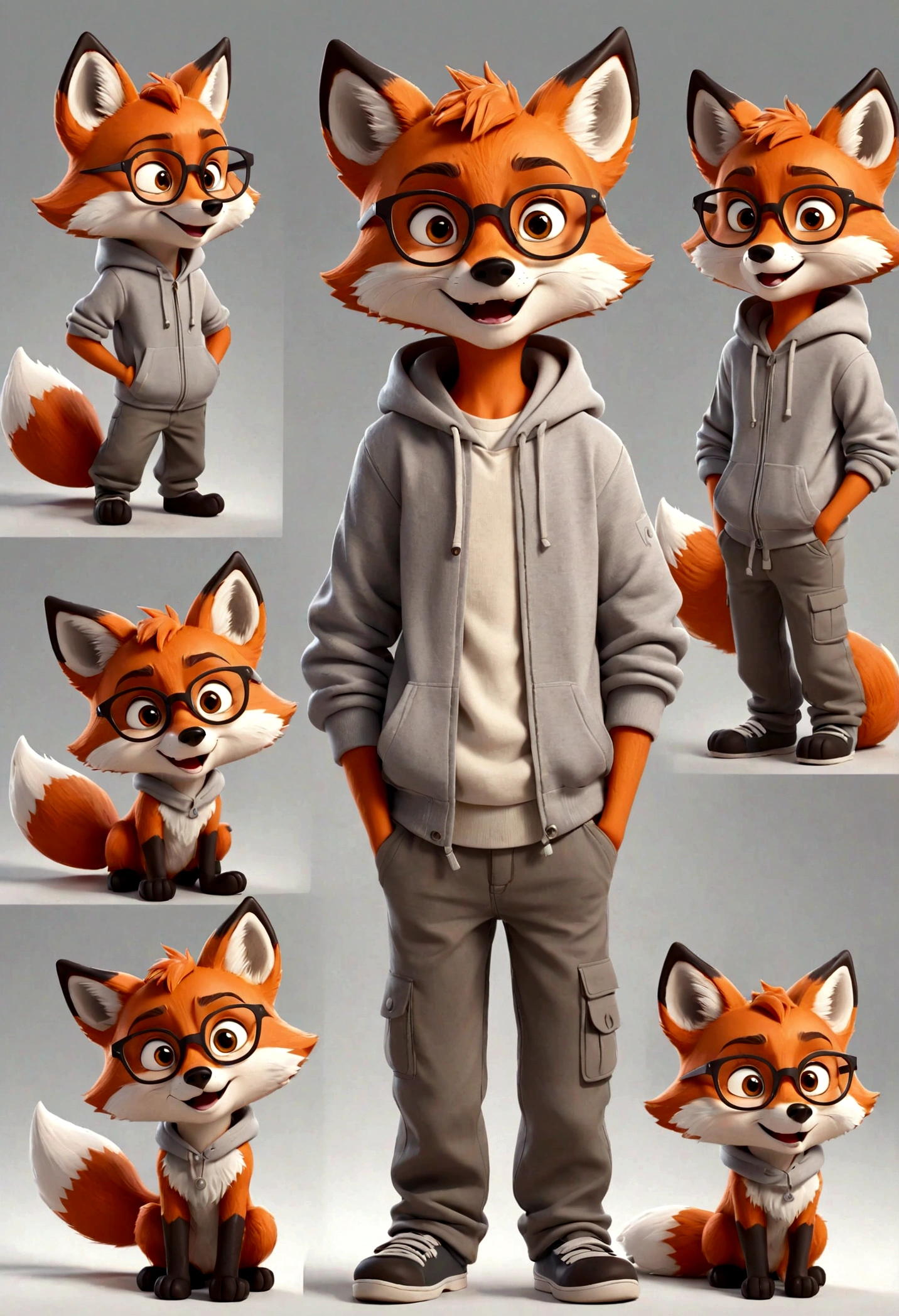 gray boy cartoon fox character, multiple poses and expressions, 4 poses, full body, children's book illustration style, simple, cute, artist, full color, 3d model, light and shadow, gray clothes, wearing glasses, flat color, white background