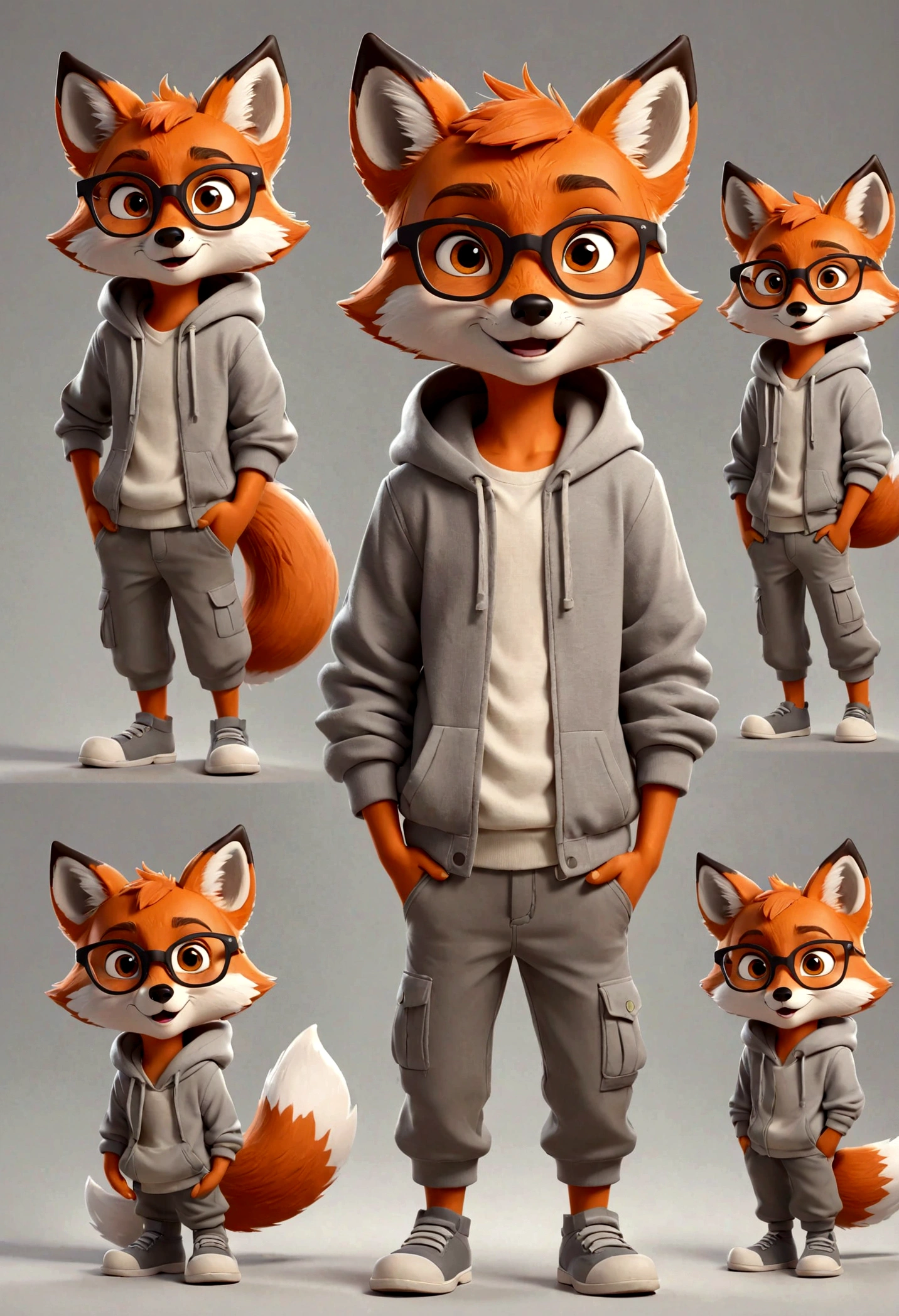 gray boy cartoon fox character, multiple poses and expressions, 4 poses, full body, children's book illustration style, simple, cute, artist, full color, 3d model, light and shadow, gray clothes, wearing glasses, flat color, white background