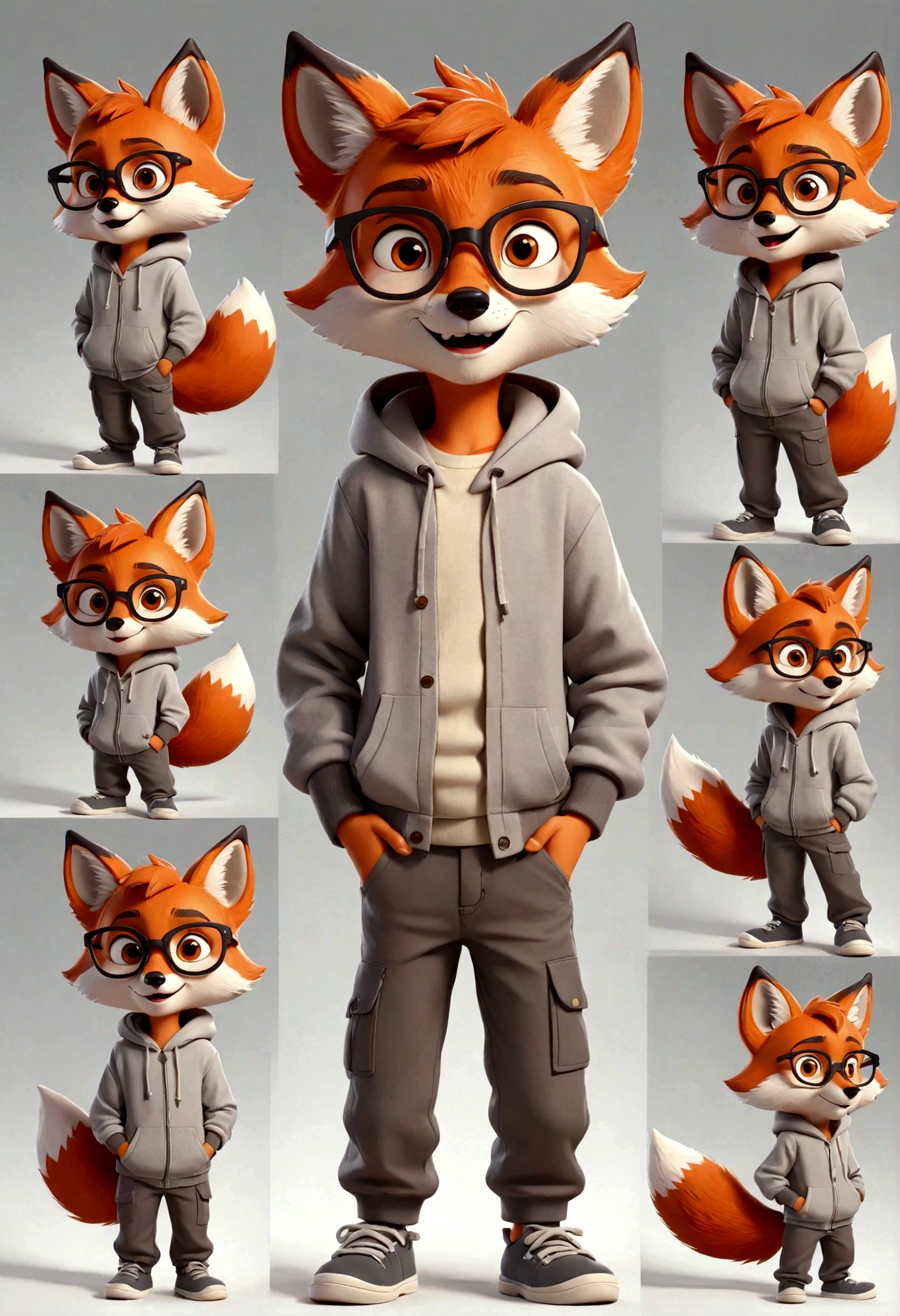 gray boy cartoon fox character, multiple poses and expressions, 4 poses, full body, children's book illustration style, simple, cute, artist, full color, 3d model, light and shadow, gray clothes, wearing glasses, flat color, white background