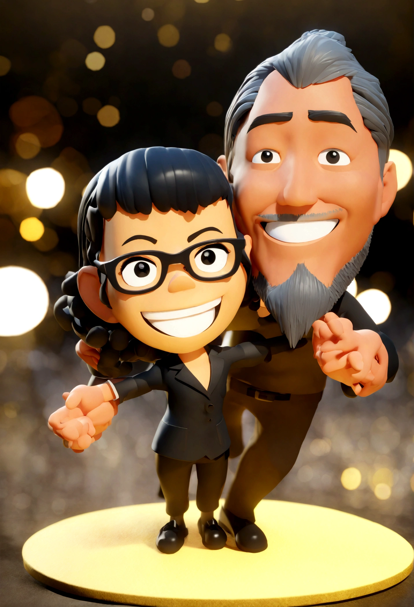 Cartoon character of a boy of 15 with a goatee beard, hugging a woman with glasses and long gray hair and another woman smiling with short black curly hair, happy, an animated character, Stylized character, animation style rendering, stylized 3D, Arnold Maya Render, Stylized 3D Render, toon render screenshot, 3D Character, 3D Character, Stylized 3D Render, 3D Character Render, cartoon character, Close up Character, Character Pose, (Pixar Style) (master part:1.2) (Bokeh) (best quality) (detailed skin) (detailed texture) (8K) (clay) (Cinematic lighting) (sharp focus,Sits and leaks the upper body