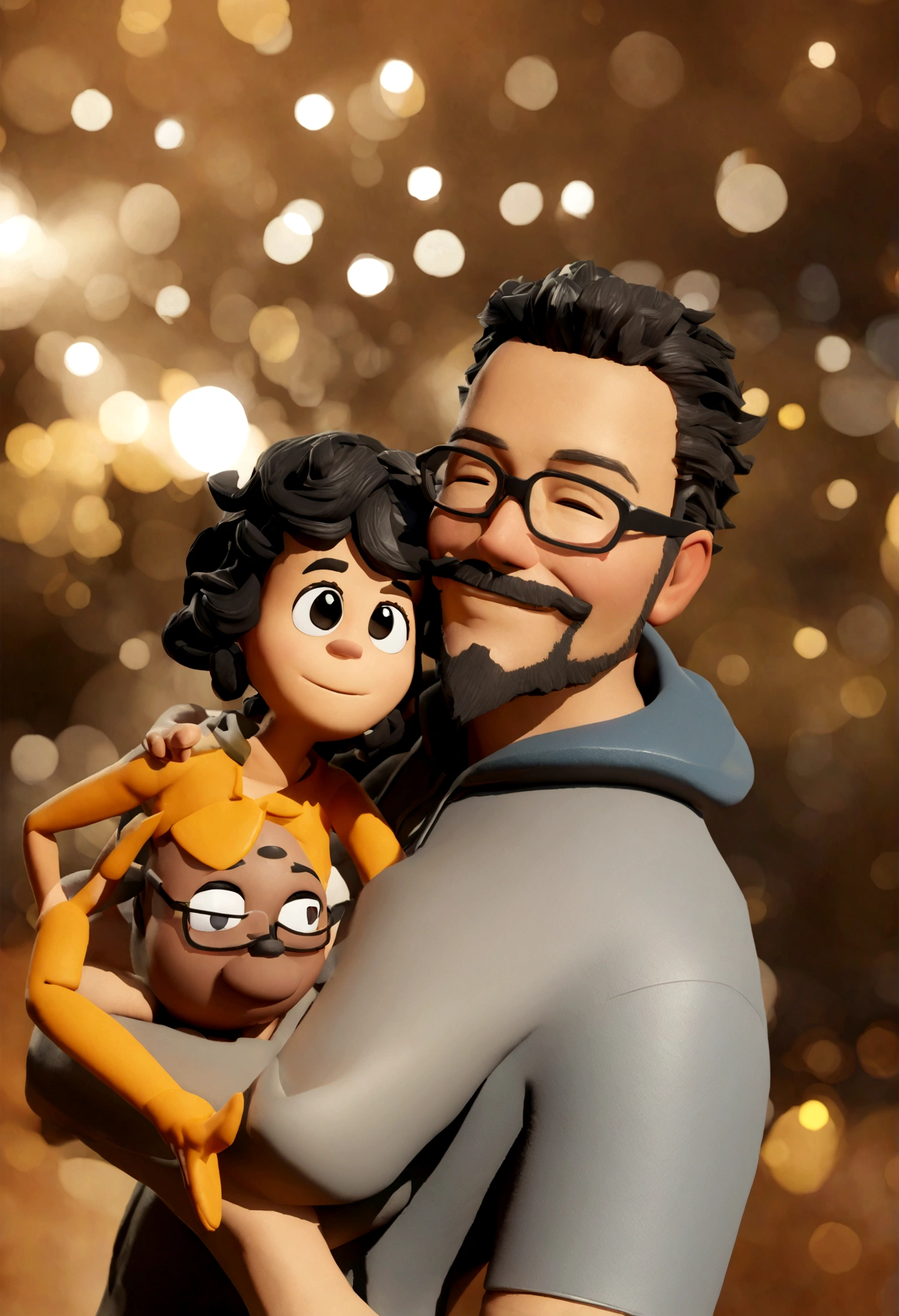 Cartoon character of a boy of 15 with a goatee beard, hugging a woman with glasses and long gray hair and another woman smiling with short black curly hair, happy, an animated character, Stylized character, animation style rendering, stylized 3D, Arnold Maya Render, Stylized 3D Render, toon render screenshot, 3D Character, 3D Character, Stylized 3D Render, 3D Character Render, cartoon character, Close up Character, Character Pose, (Pixar Style) (master part:1.2) (Bokeh) (best quality) (detailed skin) (detailed texture) (8K) (clay) (Cinematic lighting) (sharp focus,Sits and leaks the upper body