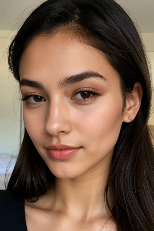 Portrait of beautiful 20 year old woman, piel clara, estatura de 1.60, pronounced cheekbones, delgada, light brown eyes, pelo negro, nariz fina, labios carnosos, make it look realistic with your room background 