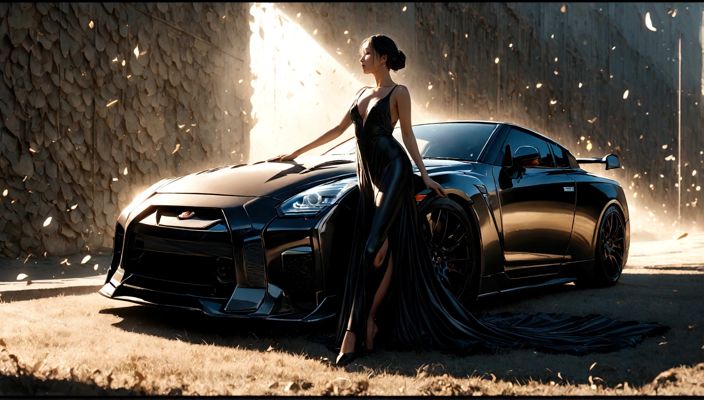 a nissan gtr,a beautiful woman in a tight black dress,elegant pose,dramatic lighting,cinematic atmosphere,highly detailed,photorealistic,chiaroscuro lighting,dramatic shadows,glossy car paint,flawless skin,flowing dress fabric,depth of field,award winning photography,8k,cinematic composition