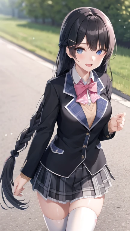 1girl, solo, tsukino mito, long hair, virtual youtuber, skirt, thighhighs, black hair, jacket, bow, blazer, black jacket, hairclip, hair ornament, white thighhighs, bangs, braid, pleated skirt, pink bow, , bowtie, very long hair, long sleeves, shirt, collared shirt, white shirt, blue eyes, pink bowtie, plaid skirt, plaid, black skirt, miniskirt, standing,  outdoors, street,