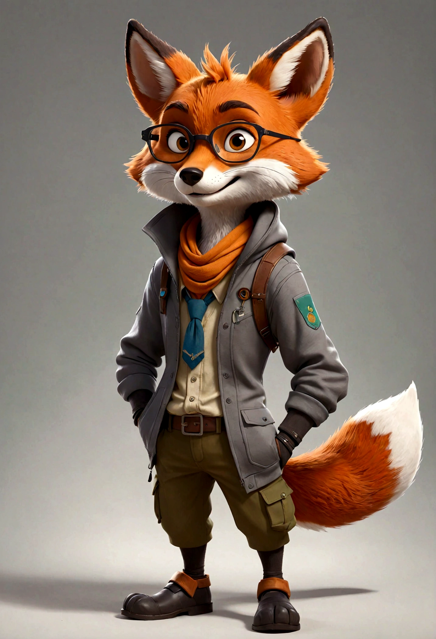 gray boy cartoon fox character, multiple poses and expressions, 4 poses, full body, children's book illustration style, simple, cute, artist, full color, 3d model, light and shadow, gray clothes, wearing glasses, flat color, white background, Nick Wilde, Zootopia, uma raposa antro, Cientista da Raposa, an anthropomorphic cyberpunk fox, Nick Wilde, Parte Raposa, Peter the Rabbit's Rapo, beatrix potter