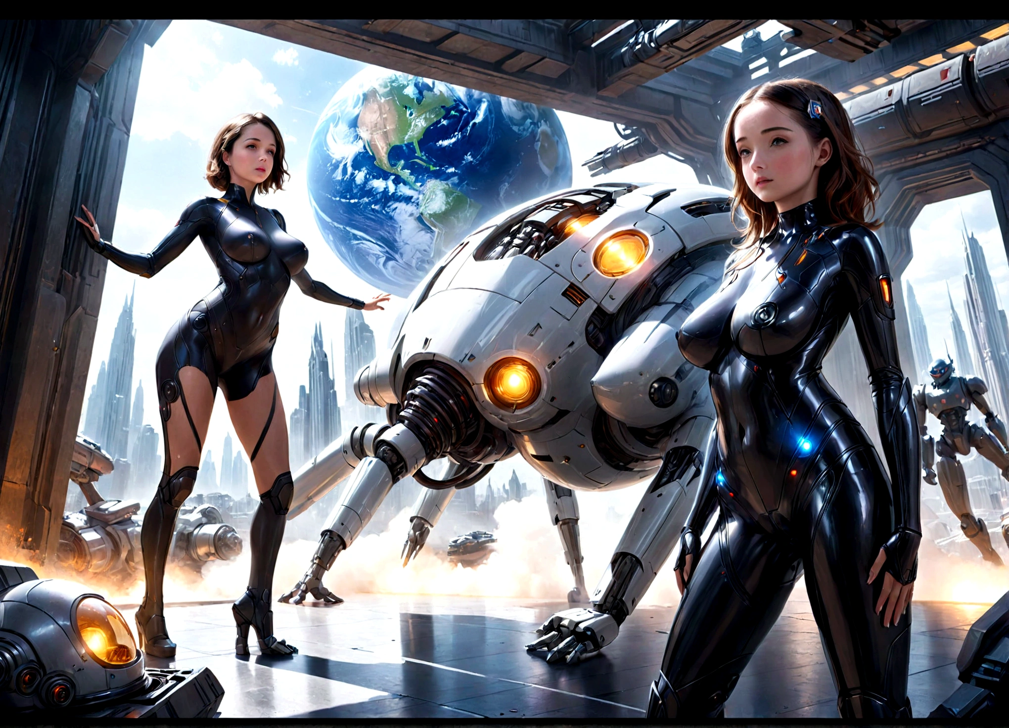 A cute woman as Buck Rogers, rescuing an earth woman from evil robots on Mongo, retro sci-fi architecture, high action, lasers, titillations, (best quality,4k,8k,highres,masterpiece:1.2),ultra-detailed,(realistic,photorealistic,photo-realistic:1.37),HDR,UHD,studio lighting,ultra-fine painting,sharp focus,physically-based rendering,extreme detail description,professional,vivid colors,bokeh,sci-fi,concept art
