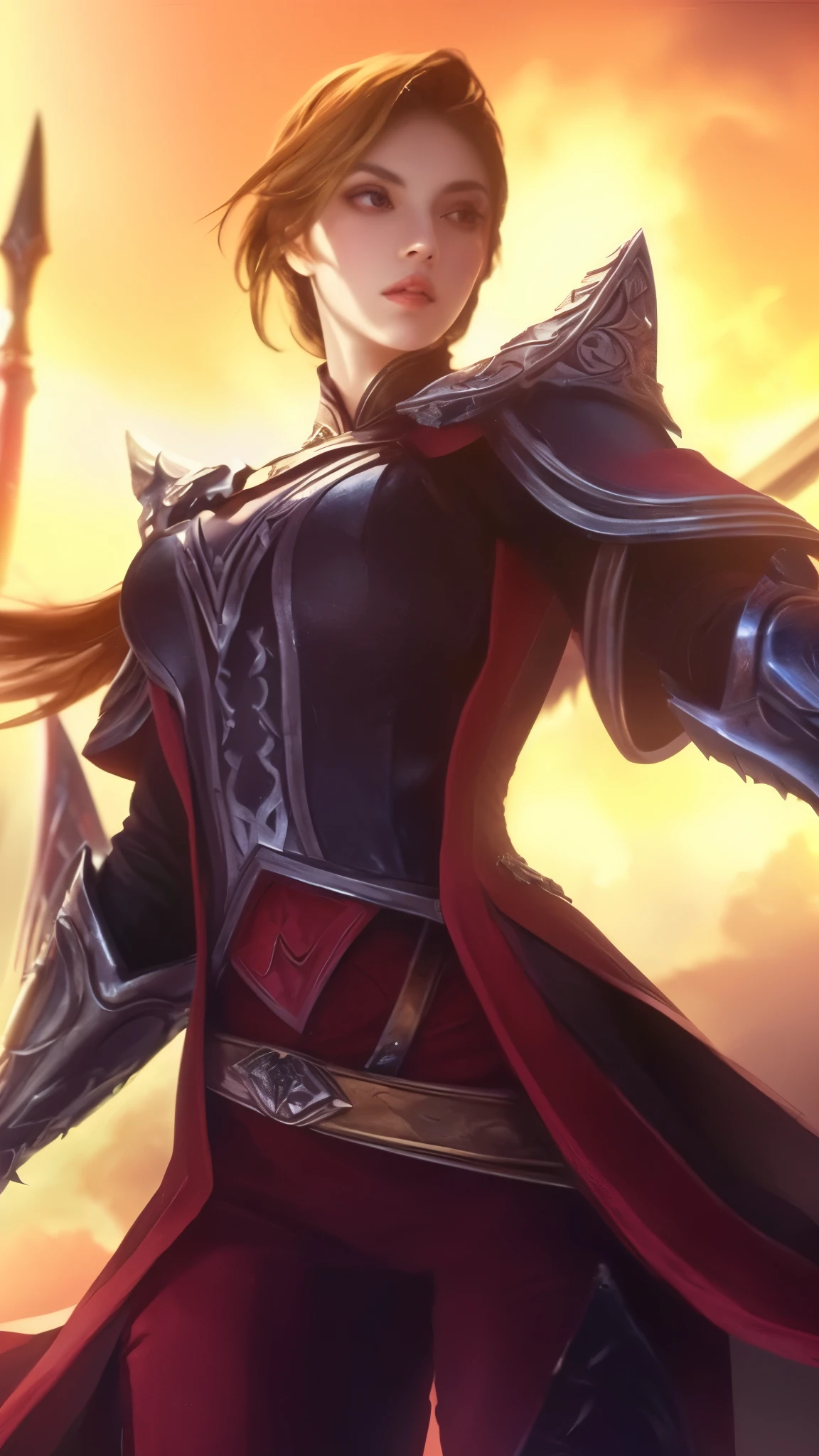 a woman in a red and black outfit holding a sword, beautiful detailed eyes, beautiful detailed lips, extremely detailed face, long eyelashes, ornate medieval armor, dramatic lighting, cinematic composition, digital painting, concept art style, dynamic pose, intricate details, muted color palette, chiaroscuro lighting, dramatic shadows, moody atmosphere