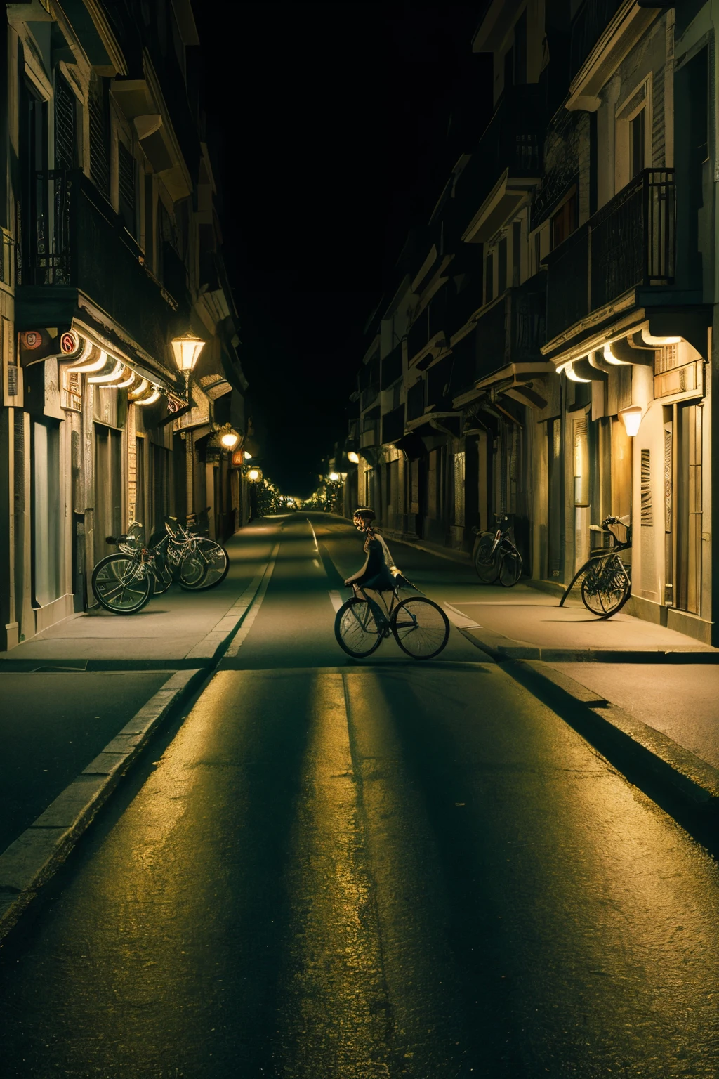 quiero una imagen de la calle de noche y que a lo lejos se vea una fietsa en una casa, la imagen en horizontal