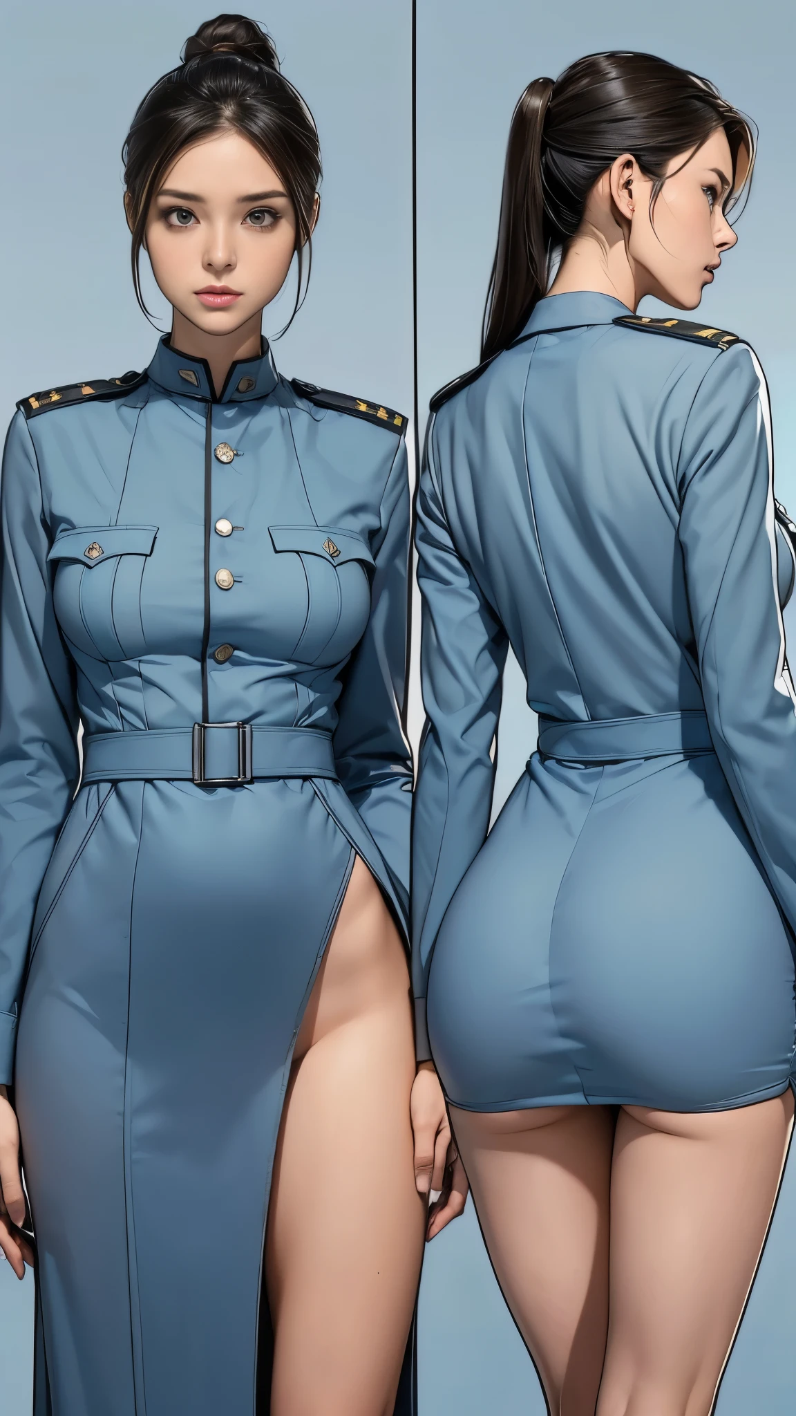 ((masterpiece)),(((highest quality))),((Reference Sheet, Character Design, front, return, ~ ~ side, Mr..々Hairstyle, Mr..々Performance, Facial Expressions)), 14-year-old girl, Cute type, (Very slim:1.4), (Very small ass:1.4), Realistic buttocks, (Big Breasts:1.3), Short Bob, Thin thighs, Long legs, It's not a big deal,(A female Earth Federation officer is walking), (Wearing Earth Federation military uniform, Light grey and light blue military uniform),(Worn by federal government employees&#39;White Hat:1.5)